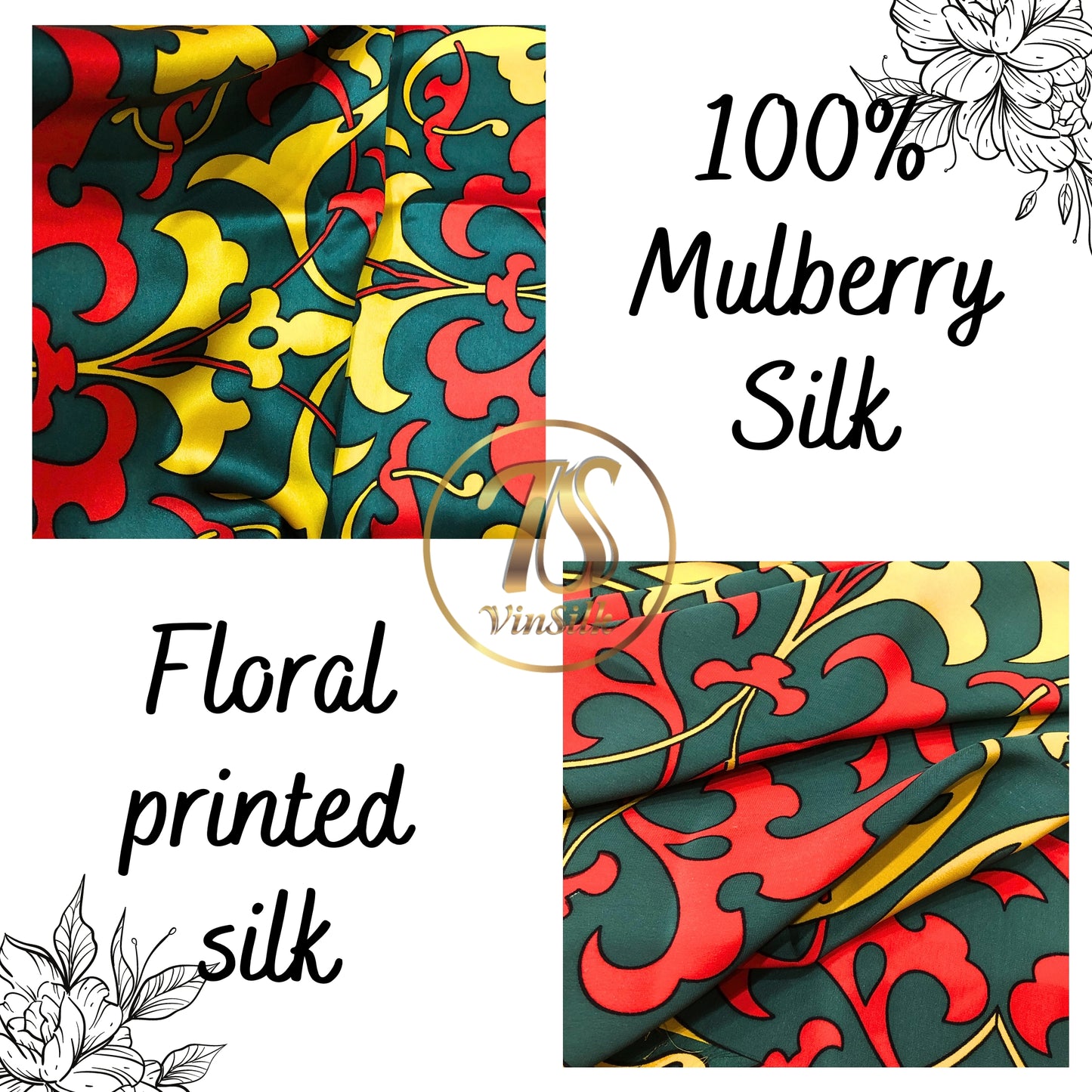 100% PURE MULBERRY SILK fabric by the yard – Floral satin silk fabric – Dress making – Silk for sewing - Gift for women