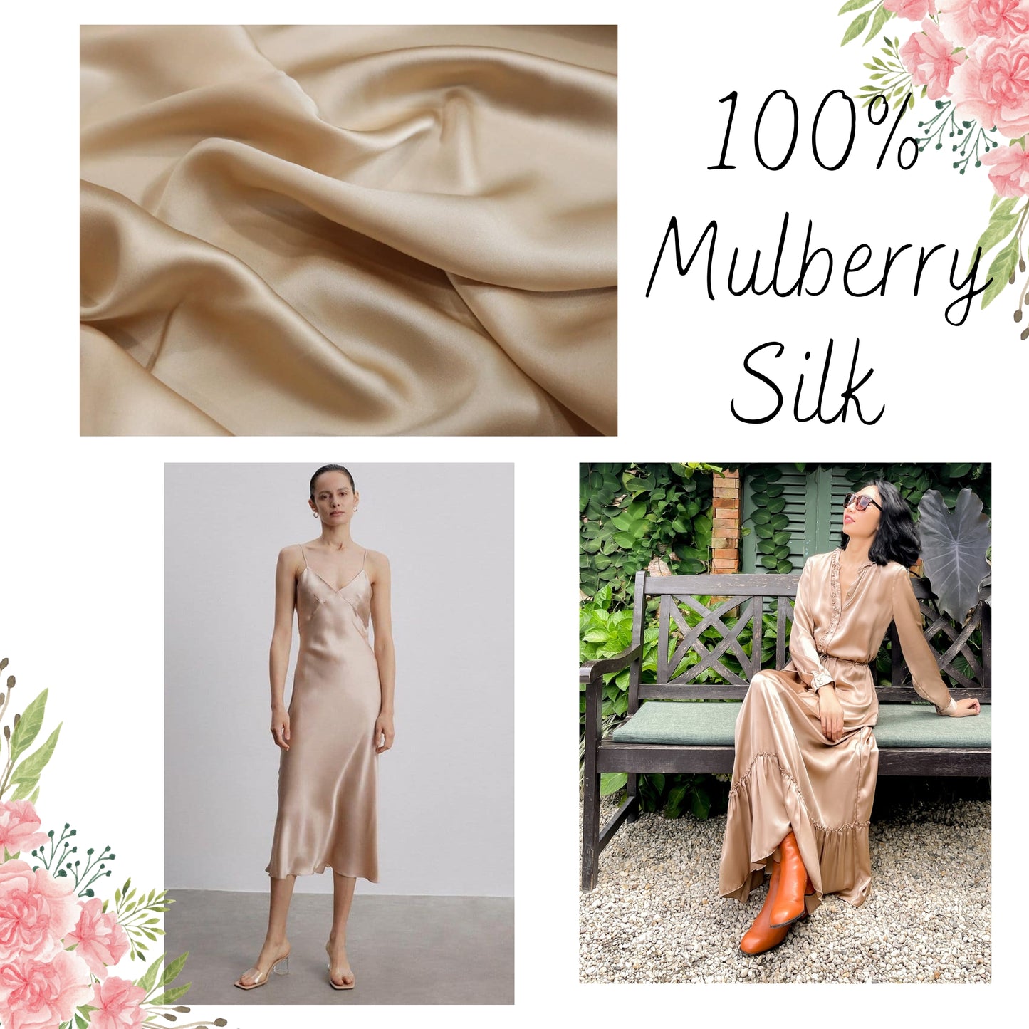 100% PURE MULBERRY SILK fabric by the yard β Satin silk fabric β 19mm - Red, Orange, Gray silk - Gift for women - Silk apparel fabric