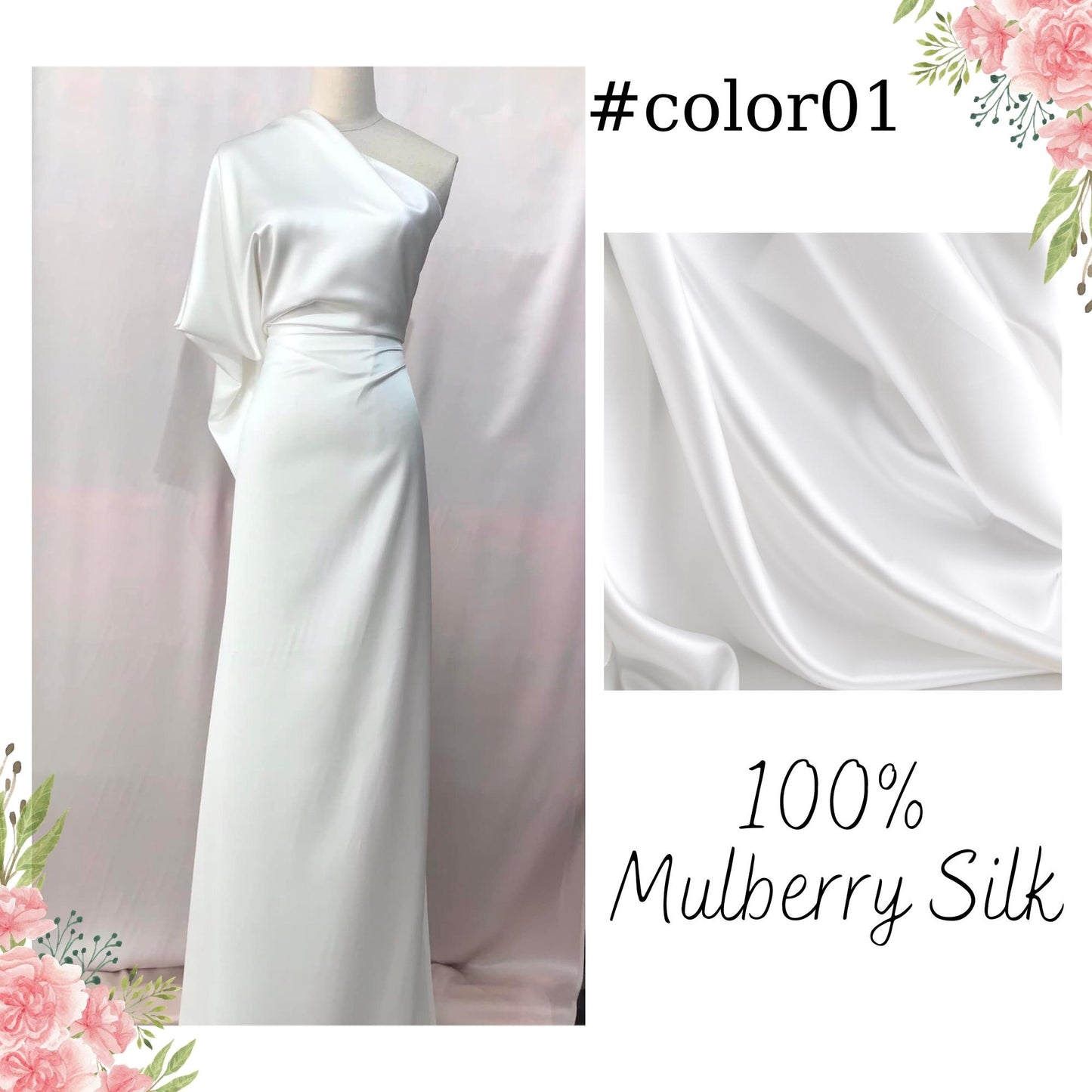 100% PURE MULBERRY SILK fabric by the yard β Satin silk fabric β 19mm - Organic fiber - Wedding dress - Gift for women - Silk for sewing