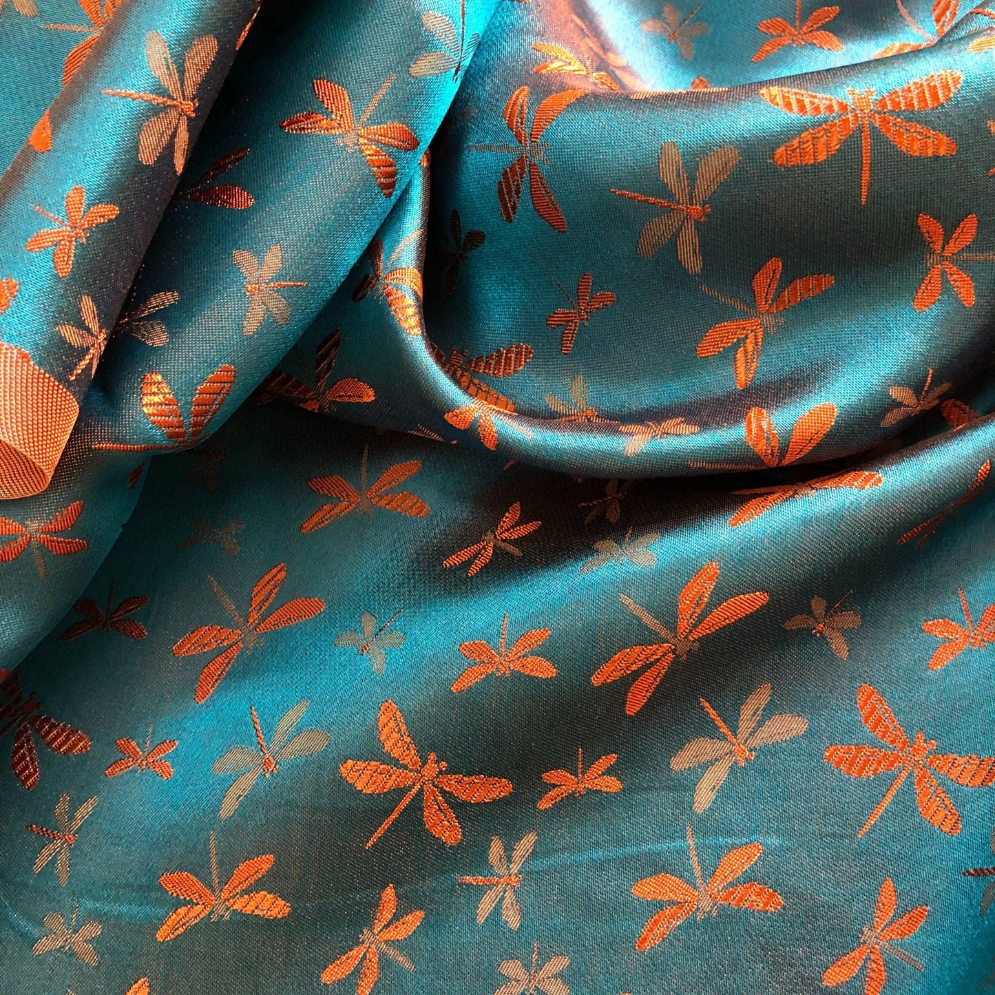 Mulberry Silk Pattern Fabric – Dragonfly Pattern – Silk for Sewing – Blue Silk with Orange Pattern Fabric