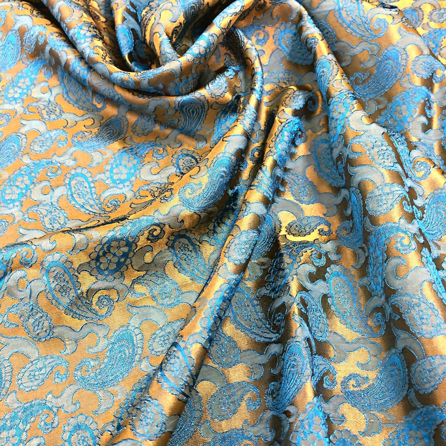 Yellow Blue fabric with mulberry peacock tails pattern, Pure mulberry silk, Handmade fabric, Organic fiber