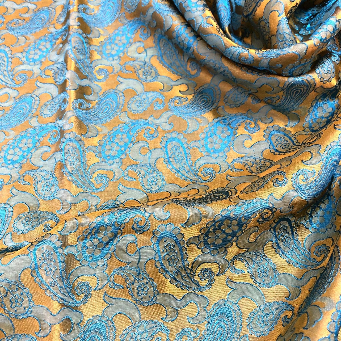 Yellow Blue fabric with mulberry peacock tails pattern, Pure mulberry silk, Handmade fabric, Organic fiber