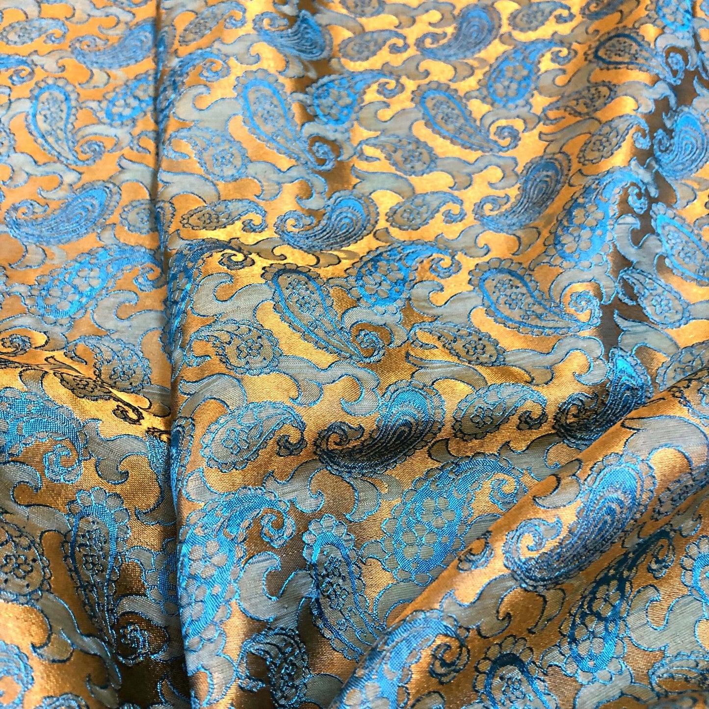 Yellow Blue fabric with mulberry peacock tails pattern, Pure mulberry silk, Handmade fabric, Organic fiber