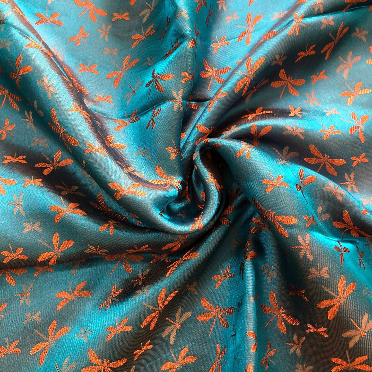 Mulberry Silk Pattern Fabric – Dragonfly Pattern – Silk for Sewing – Blue Silk with Orange Pattern Fabric