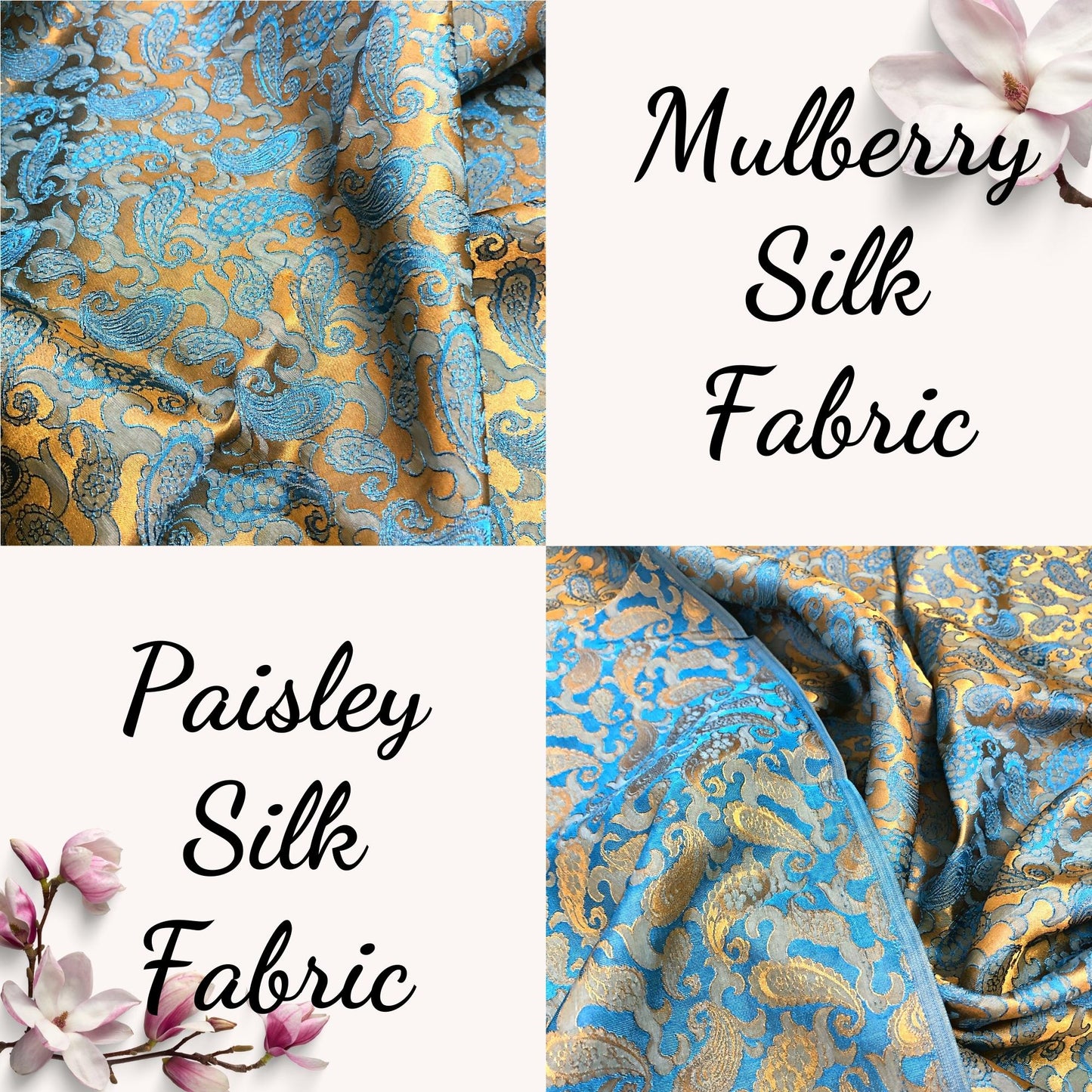 Yellow Blue fabric with mulberry peacock tails pattern, Pure mulberry silk, Handmade fabric, Organic fiber