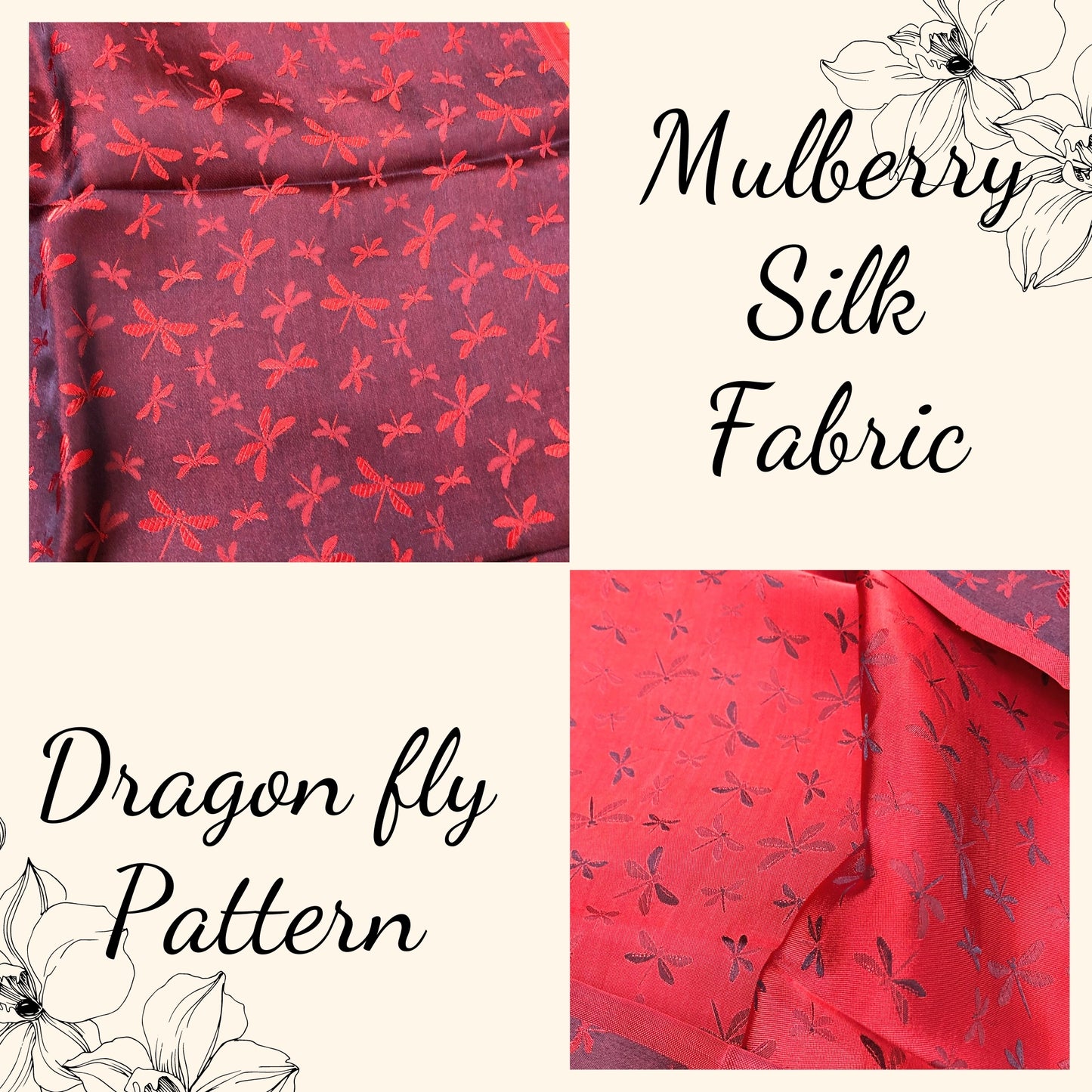 Mulberry Silk Pattern Fabric – Dragonfly Pattern – Silk for Sewing – Red Pattern Silk Fabric