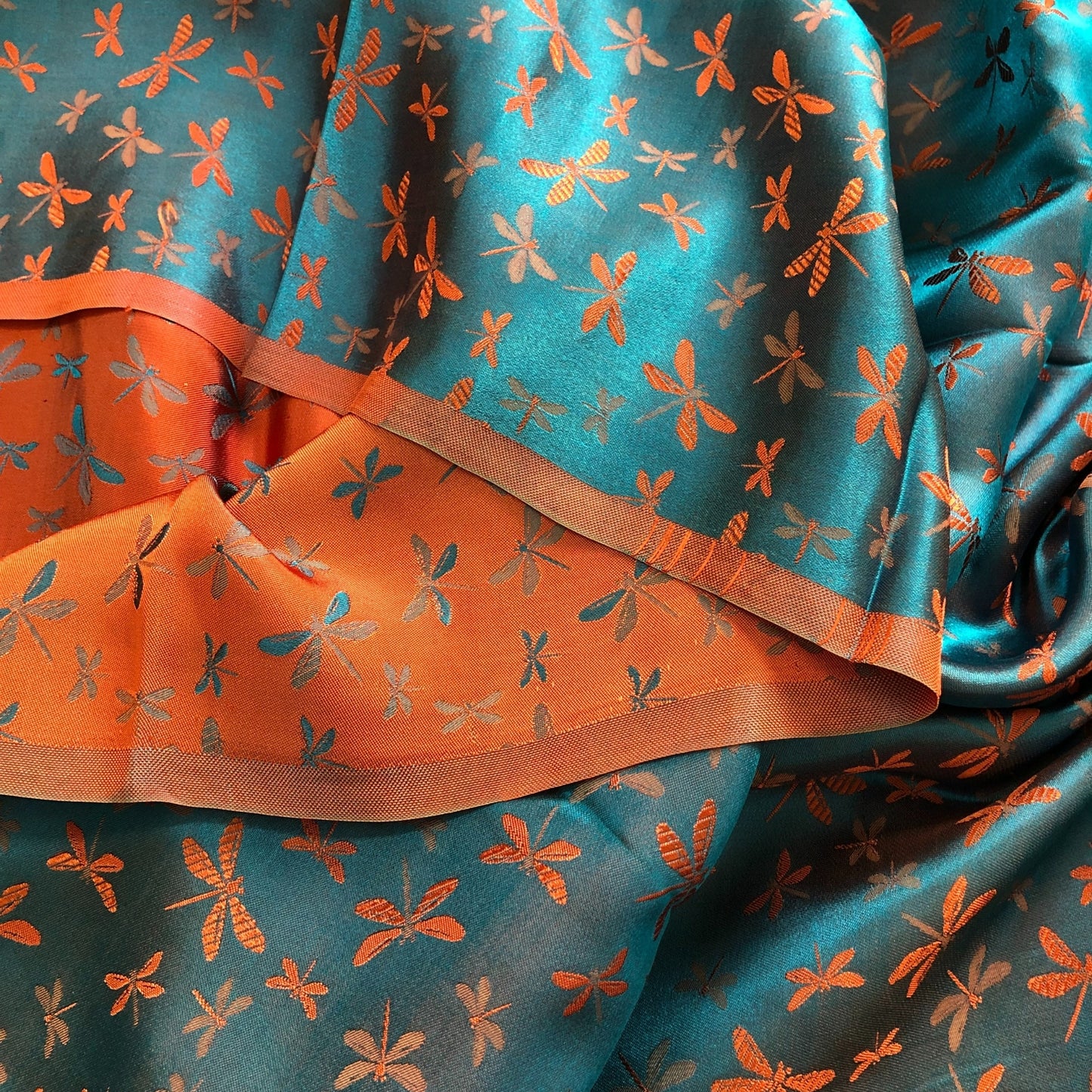 Mulberry Silk Pattern Fabric – Dragonfly Pattern – Silk for Sewing – Blue Silk with Orange Pattern Fabric