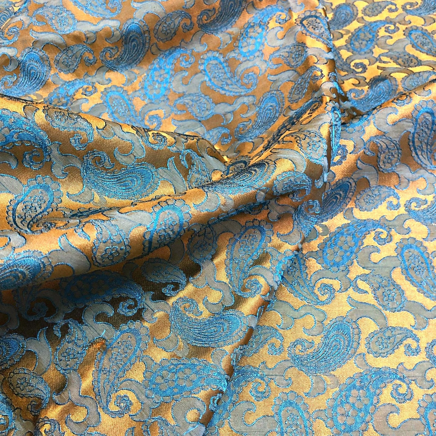 Yellow Blue fabric with mulberry peacock tails pattern, Pure mulberry silk, Handmade fabric, Organic fiber