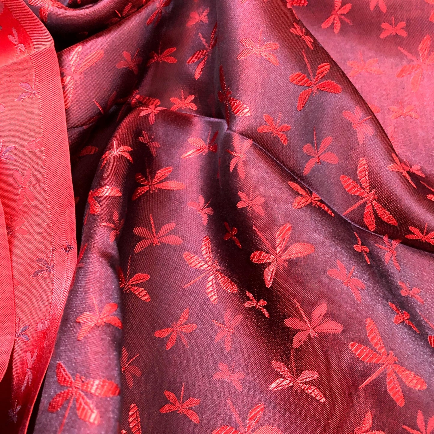 Mulberry Silk Pattern Fabric – Dragonfly Pattern – Silk for Sewing – Red Pattern Silk Fabric