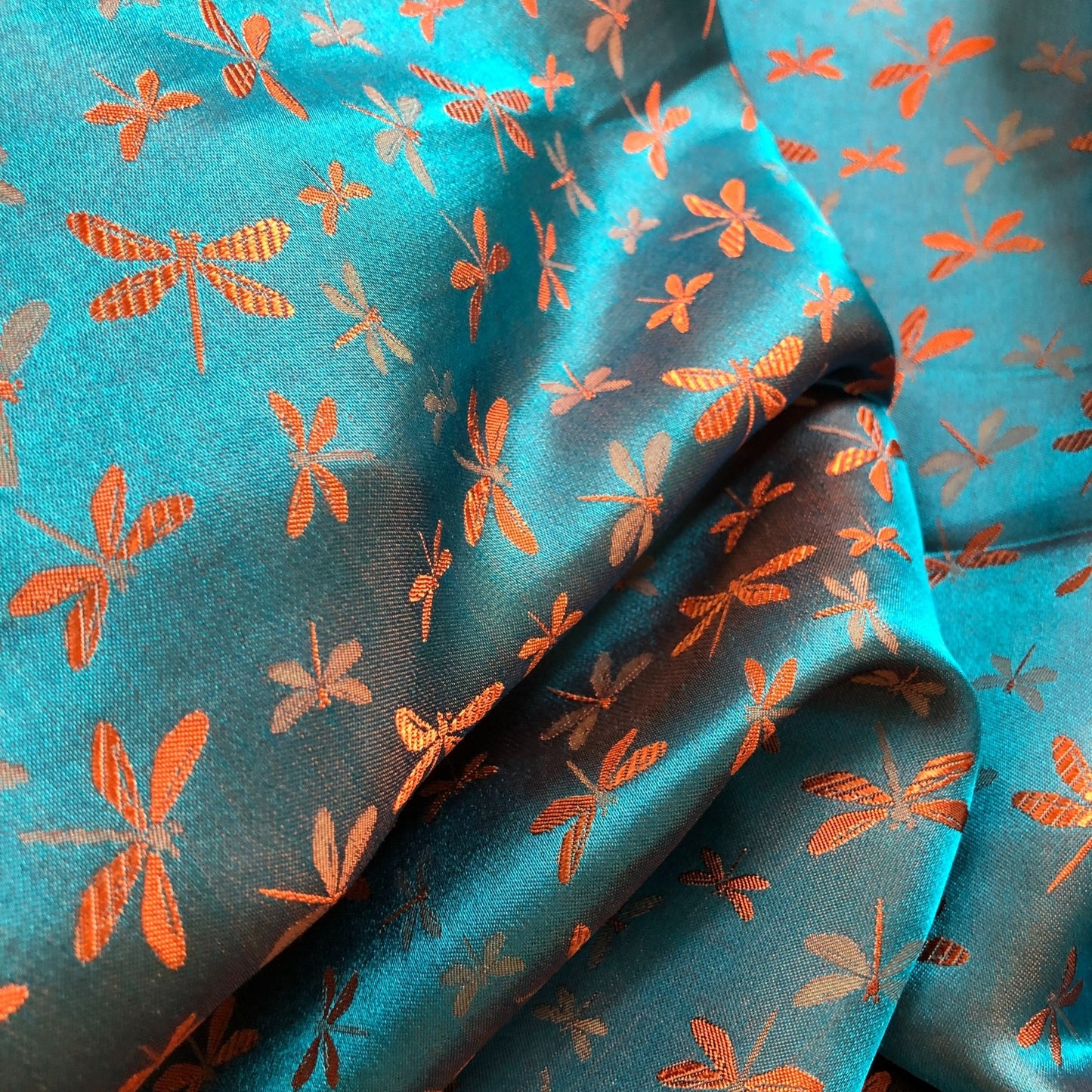 Mulberry Silk Pattern Fabric – Dragonfly Pattern – Silk for Sewing – Blue Silk with Orange Pattern Fabric