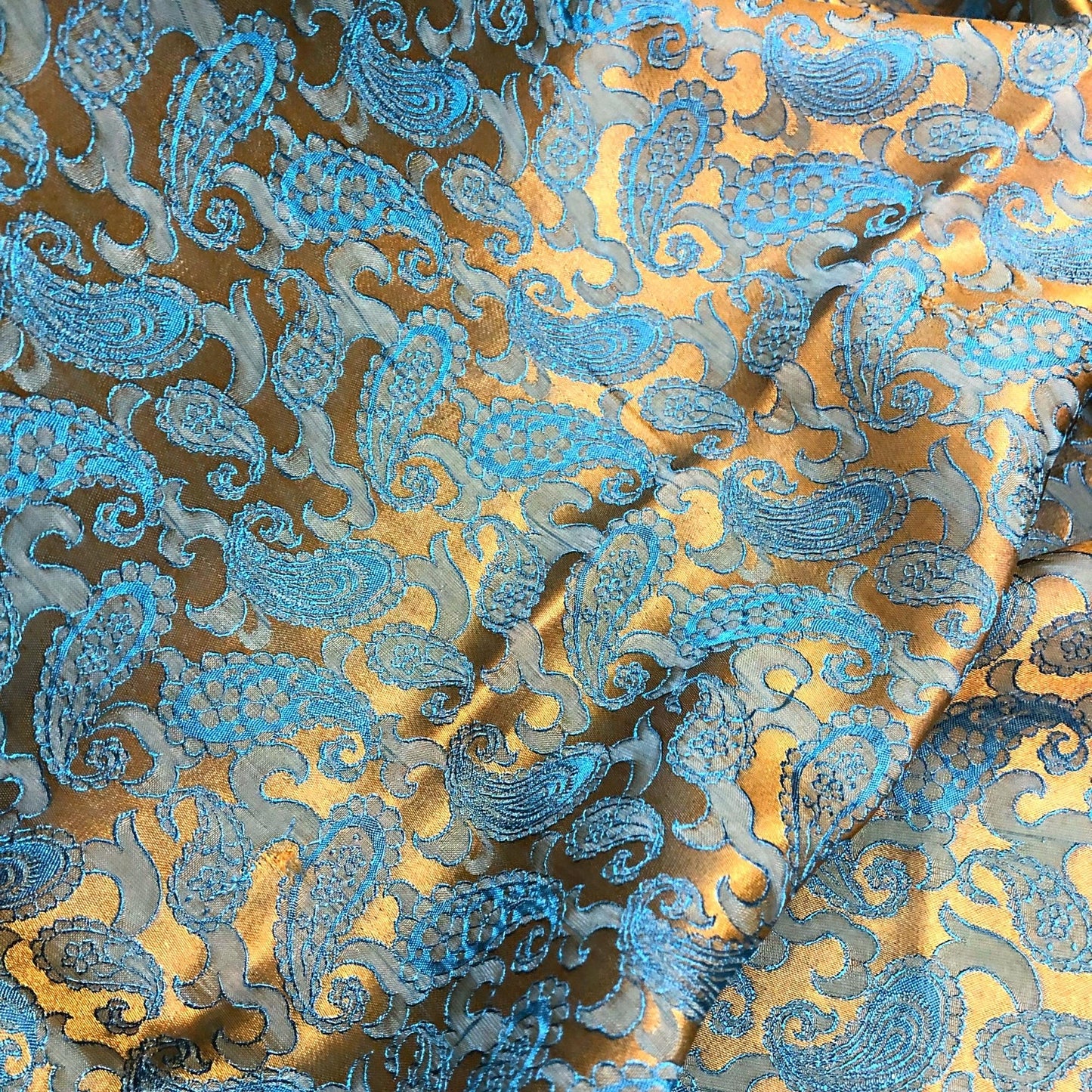 Yellow Blue fabric with mulberry peacock tails pattern, Pure mulberry silk, Handmade fabric, Organic fiber