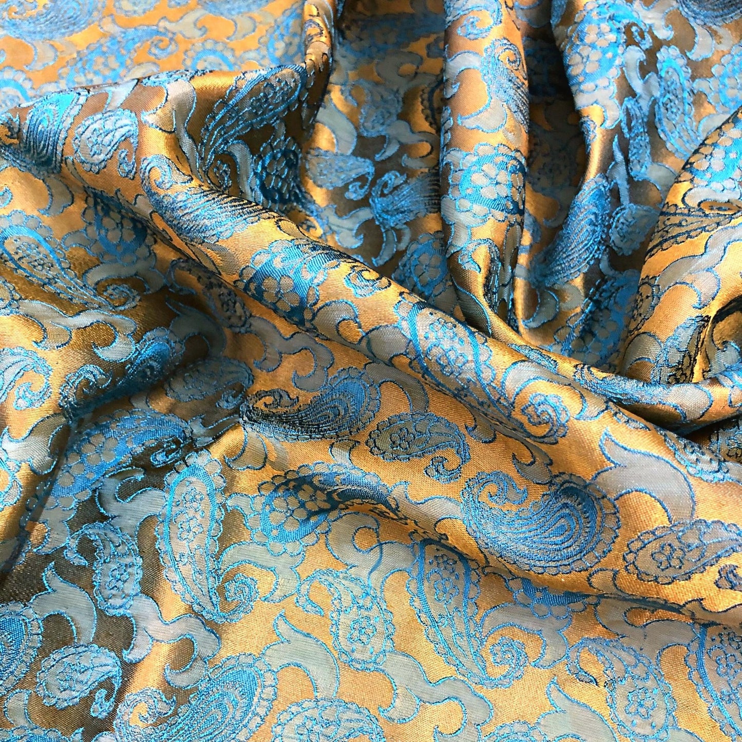 Yellow Blue fabric with mulberry peacock tails pattern, Pure mulberry silk, Handmade fabric, Organic fiber