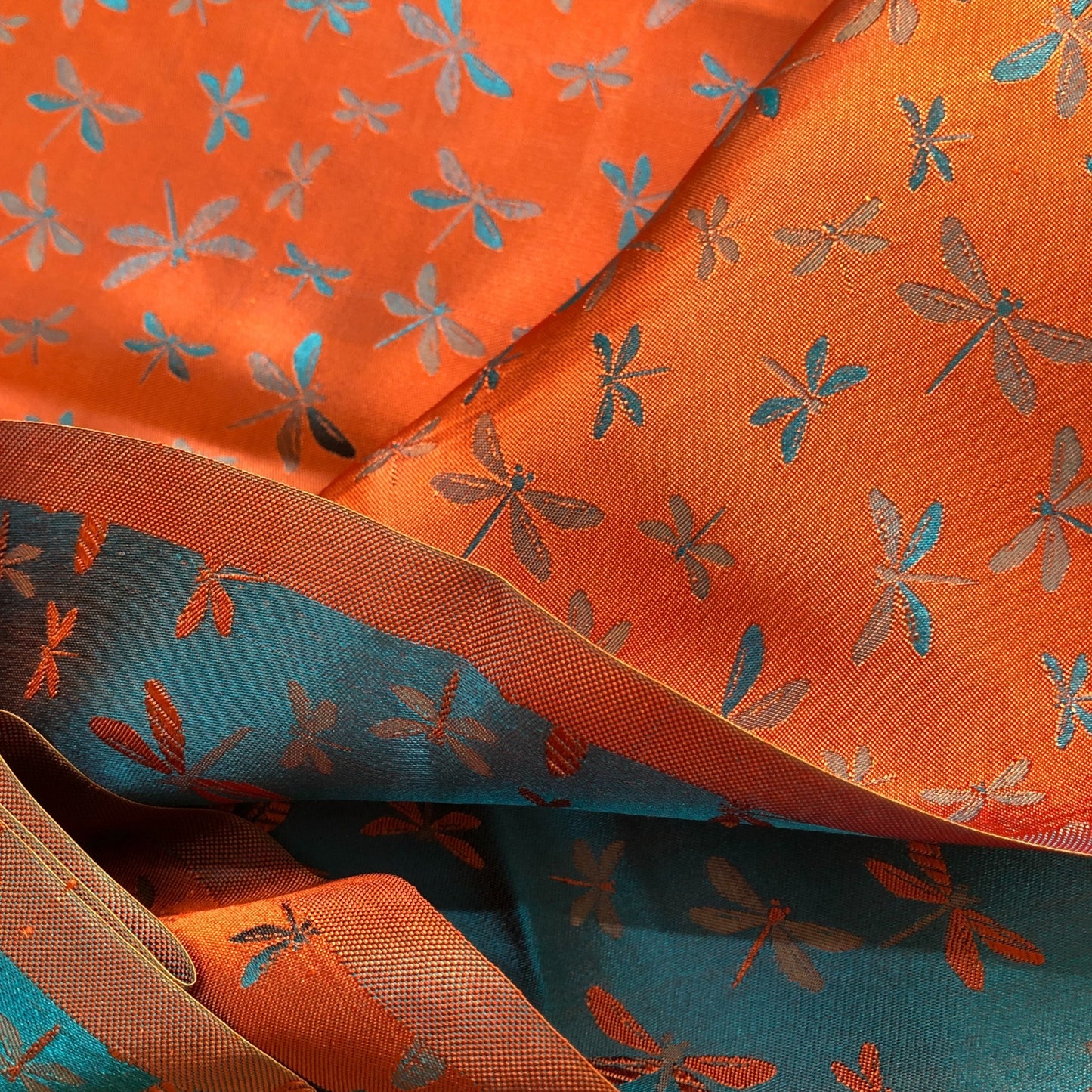 Mulberry Silk Pattern Fabric – Dragonfly Pattern – Silk for Sewing – Blue Silk with Orange Pattern Fabric