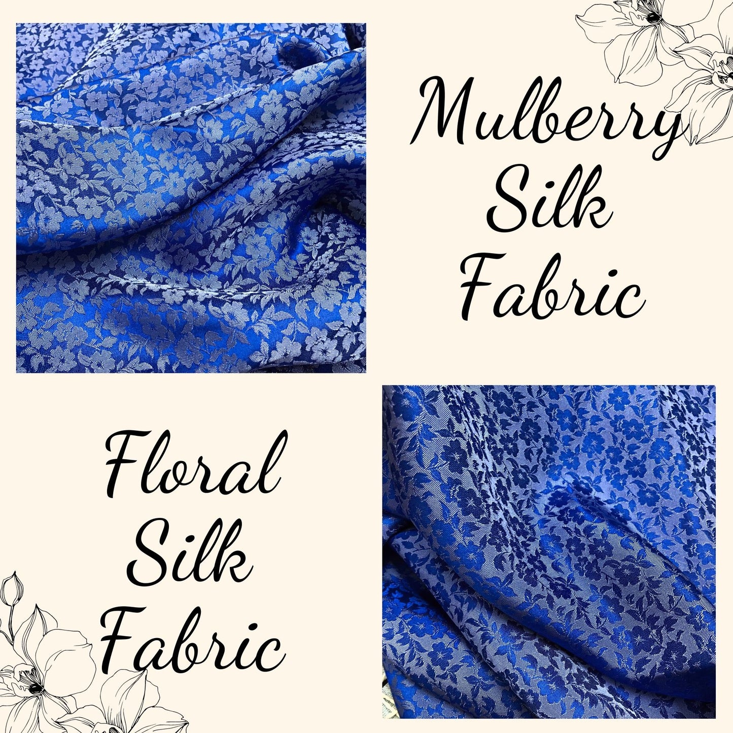 PURE MULBERRY SILK fabric by the yard - Blue floral silk fabric - Handmade fabric ā Dress making ā Silk for sewing - Gift for women