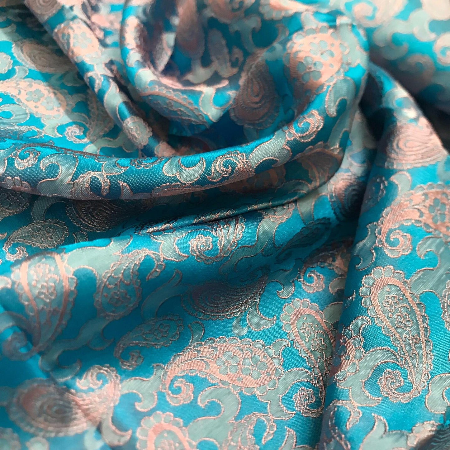Sky blue fabric with mulberry pink peacock tails pattern, Pure mulberry silk, Handmade fabric, Organic fiber