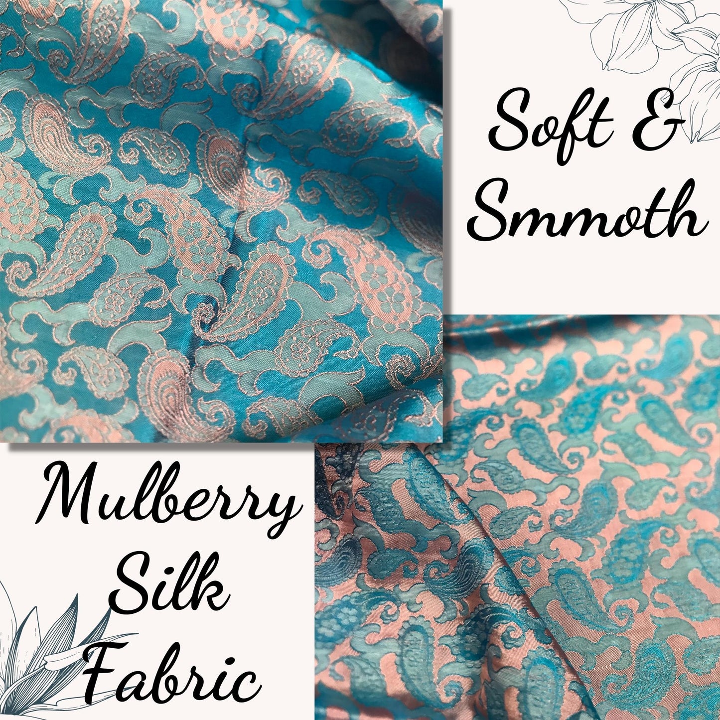 Sky blue fabric with mulberry pink peacock tails pattern, Pure mulberry silk, Handmade fabric, Organic fiber