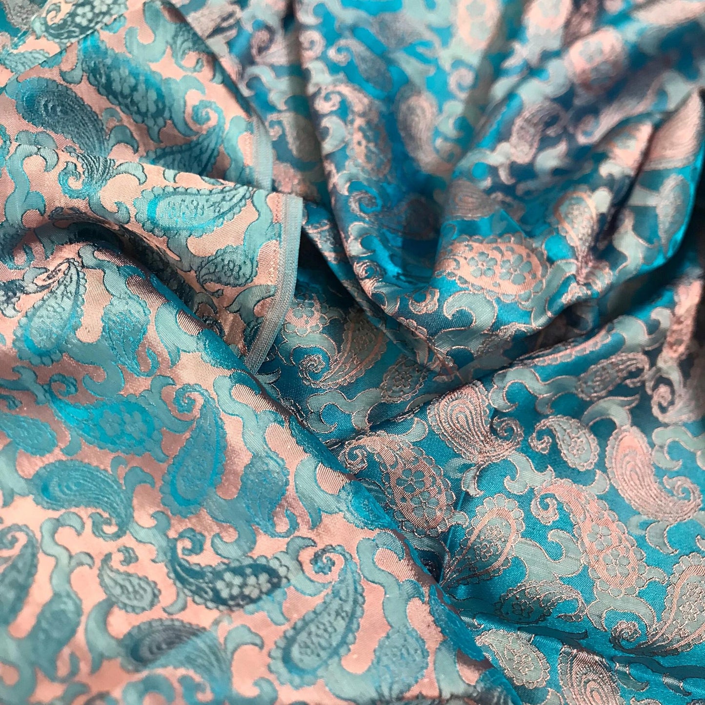Sky blue fabric with mulberry pink peacock tails pattern, Pure mulberry silk, Handmade fabric, Organic fiber