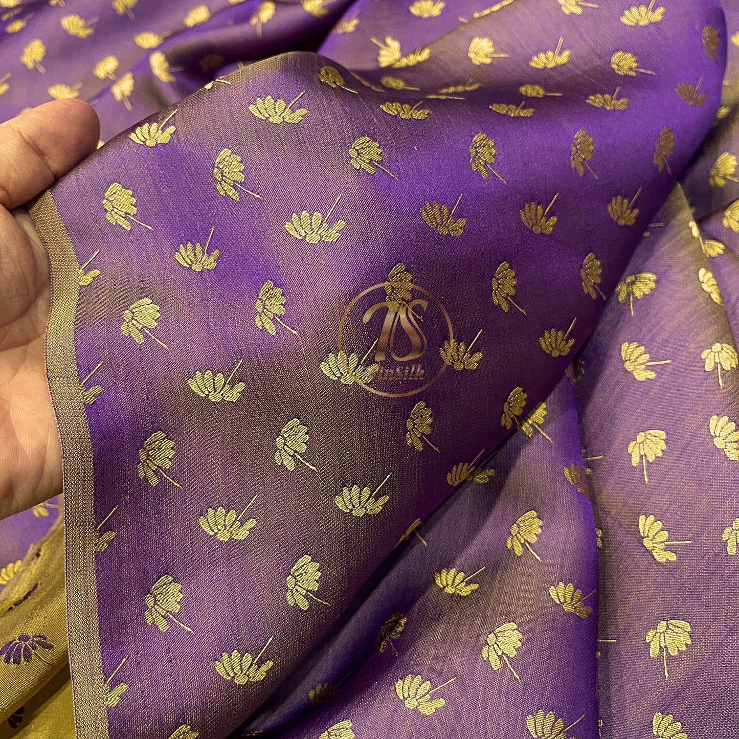 Purple Yellow fabric with mulberry dandelion pattern, Pure mulberry silk, Handmade fabric, Organic fiber
