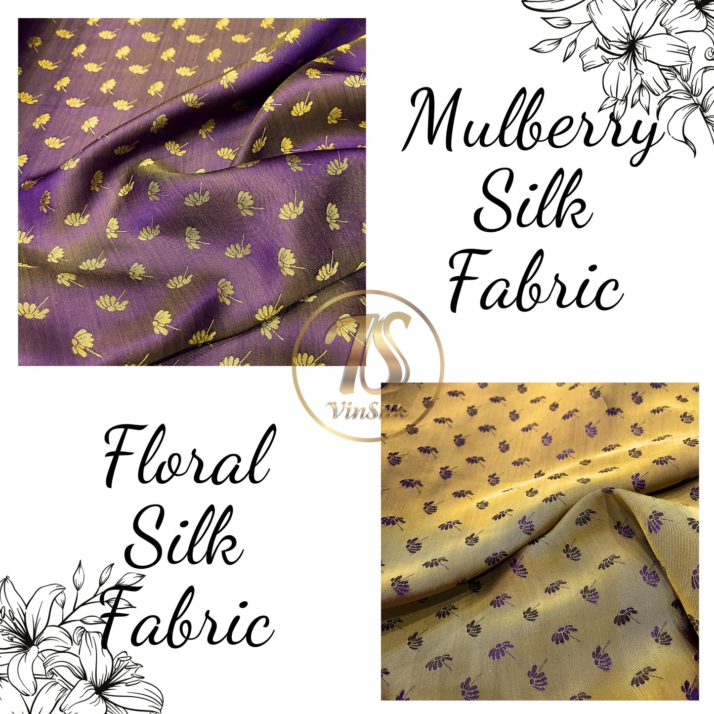 Purple Yellow fabric with mulberry dandelion pattern, Pure mulberry silk, Handmade fabric, Organic fiber