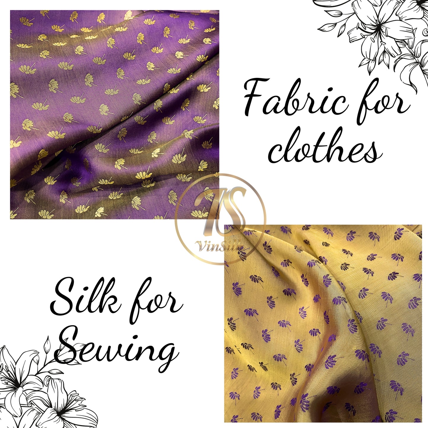 Purple Yellow fabric with mulberry dandelion pattern, Pure mulberry silk, Handmade fabric, Organic fiber