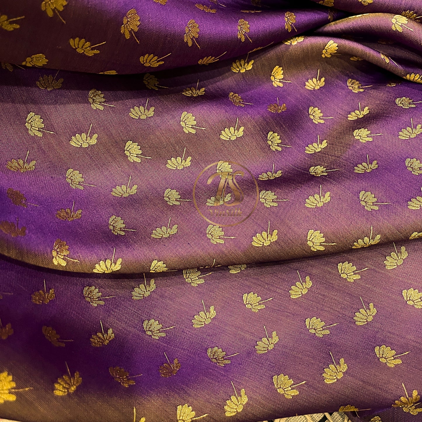 Purple Yellow fabric with mulberry dandelion pattern, Pure mulberry silk, Handmade fabric, Organic fiber