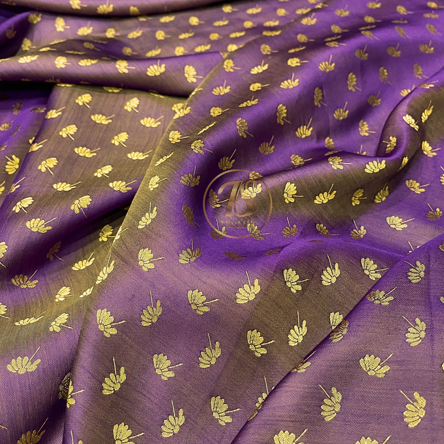 Purple Yellow fabric with mulberry dandelion pattern, Pure mulberry silk, Handmade fabric, Organic fiber
