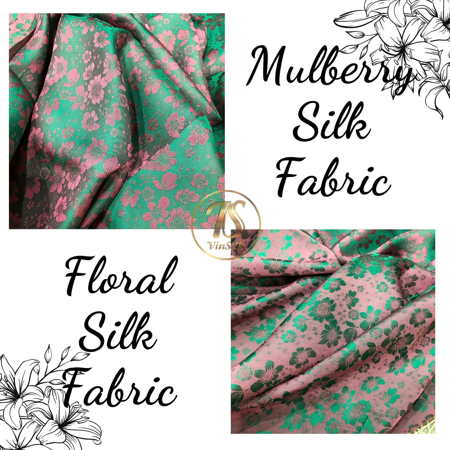 PURE MULBERRY SILK fabric by the yard - Green silk with pink floral pattern fabric - Handmade fabric ā Dress making ā Silk for sewing - Gift for women