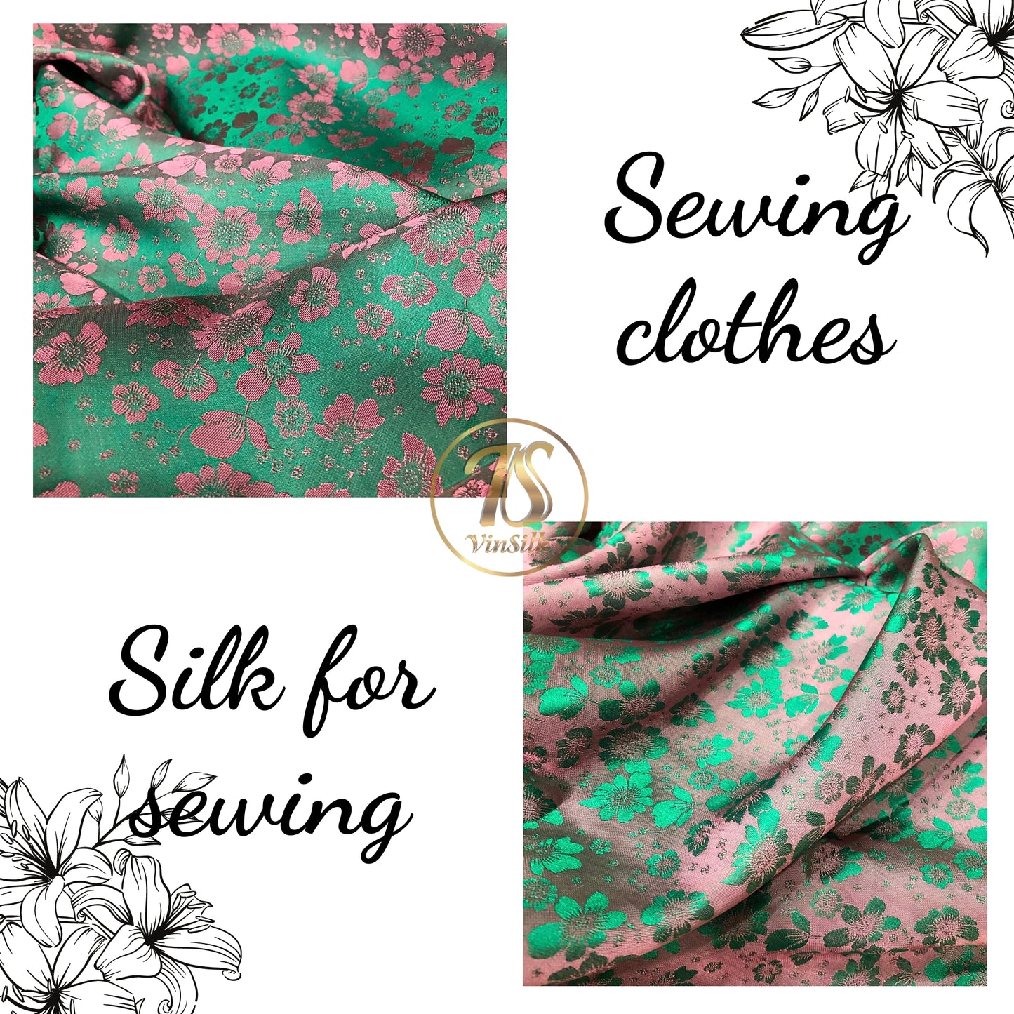 PURE MULBERRY SILK fabric by the yard - Green silk with pink floral pattern fabric - Handmade fabric ā Dress making ā Silk for sewing - Gift for women