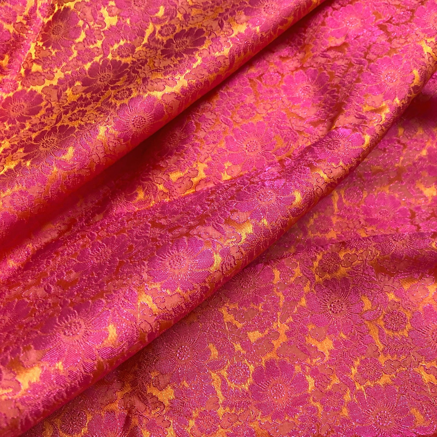 Yellow silk with Pink floral pattern fabric - Chrysanthemum Pattern