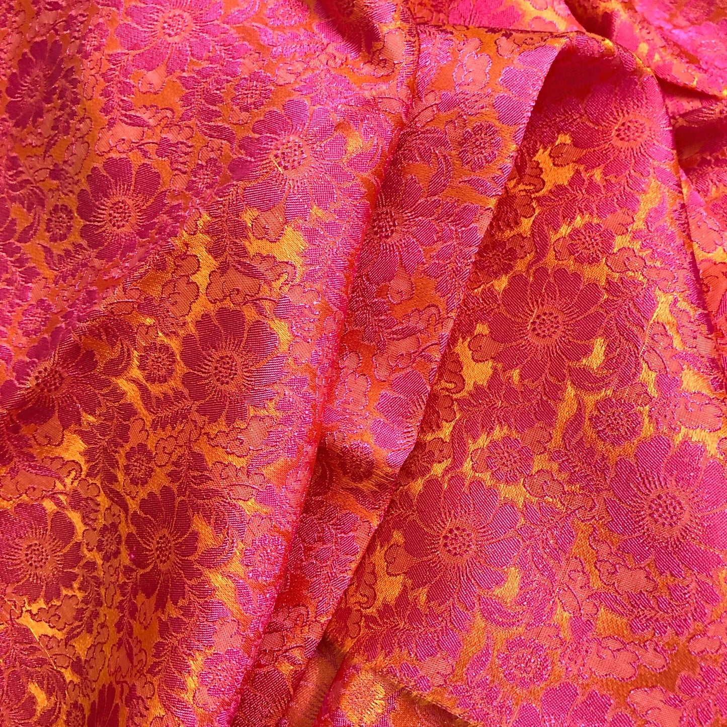 Yellow silk with Pink floral pattern fabric - Chrysanthemum Pattern