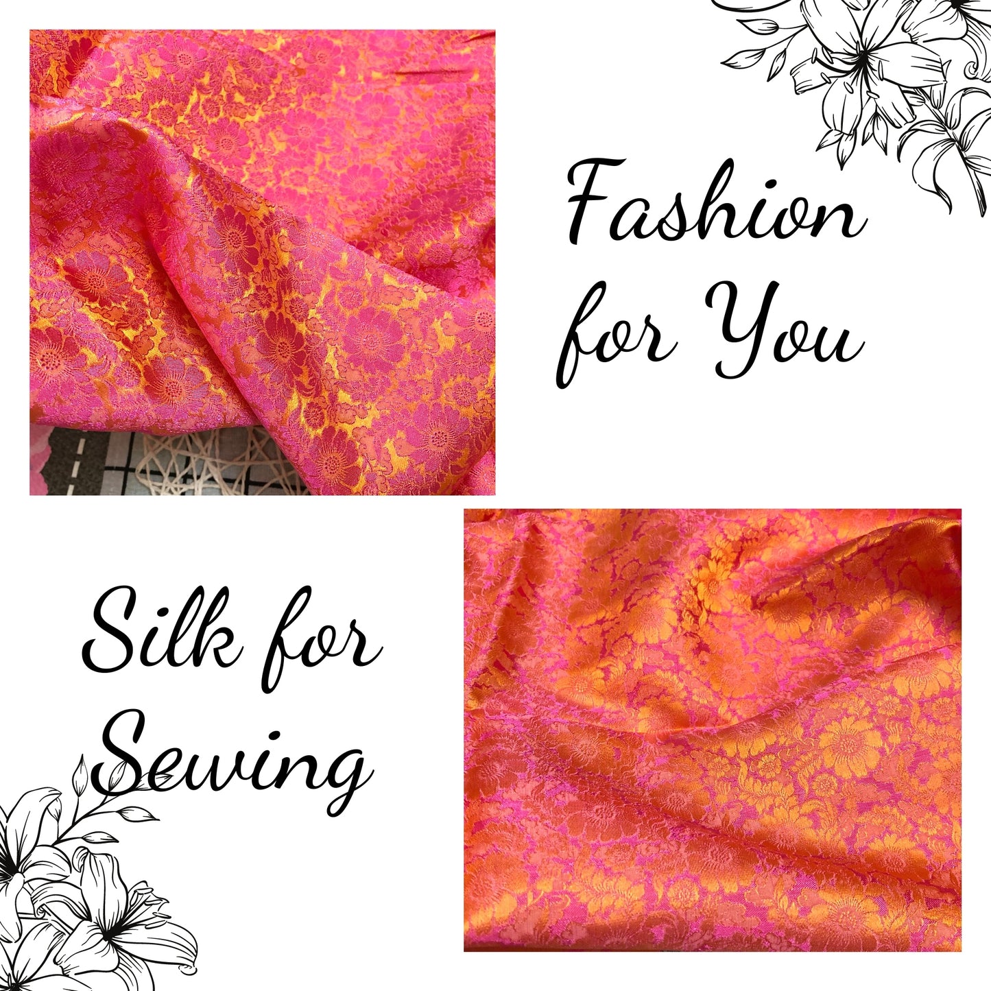 Yellow silk with Pink floral pattern fabric - Chrysanthemum Pattern