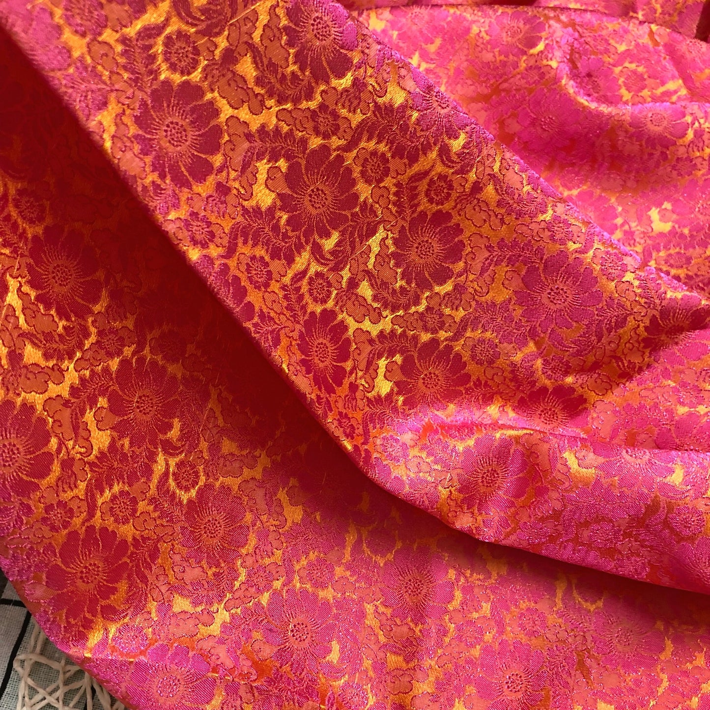 Yellow silk with Pink floral pattern fabric - Chrysanthemum Pattern