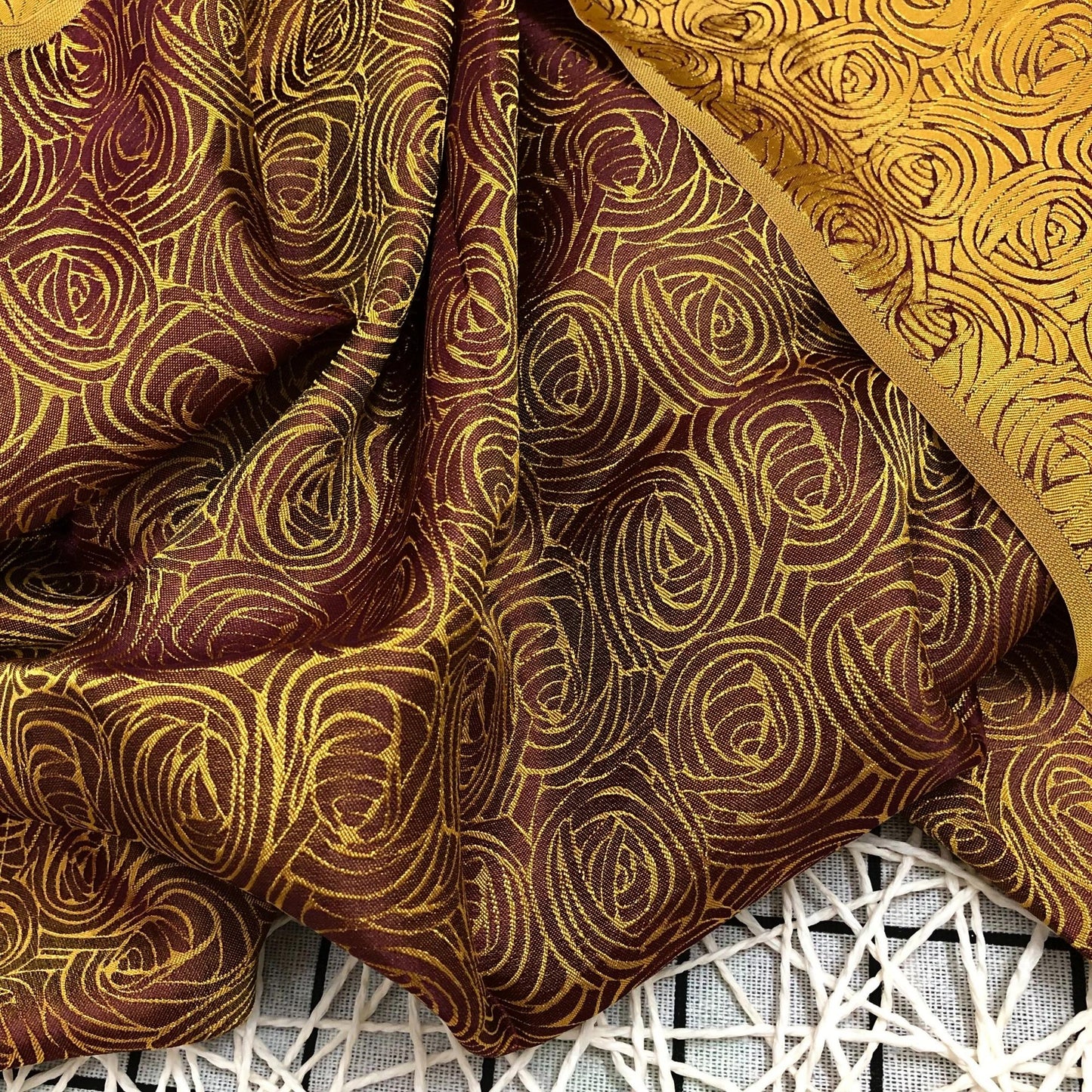 Brown Yellow silk fabric with mulberry cabbage pattern, Pure mulberry silk, Handmade fabric, Organic fiber