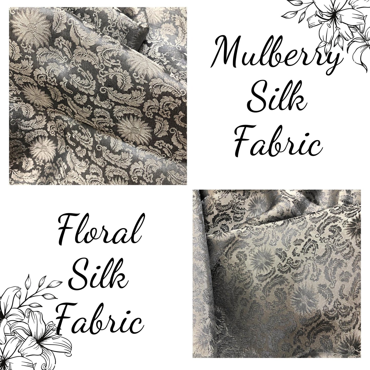 Gray silk fabric with mulberry white chrysanthemum pattern, Pure mulberry silk, Handmade fabric, Organic fiber, Vintage textile