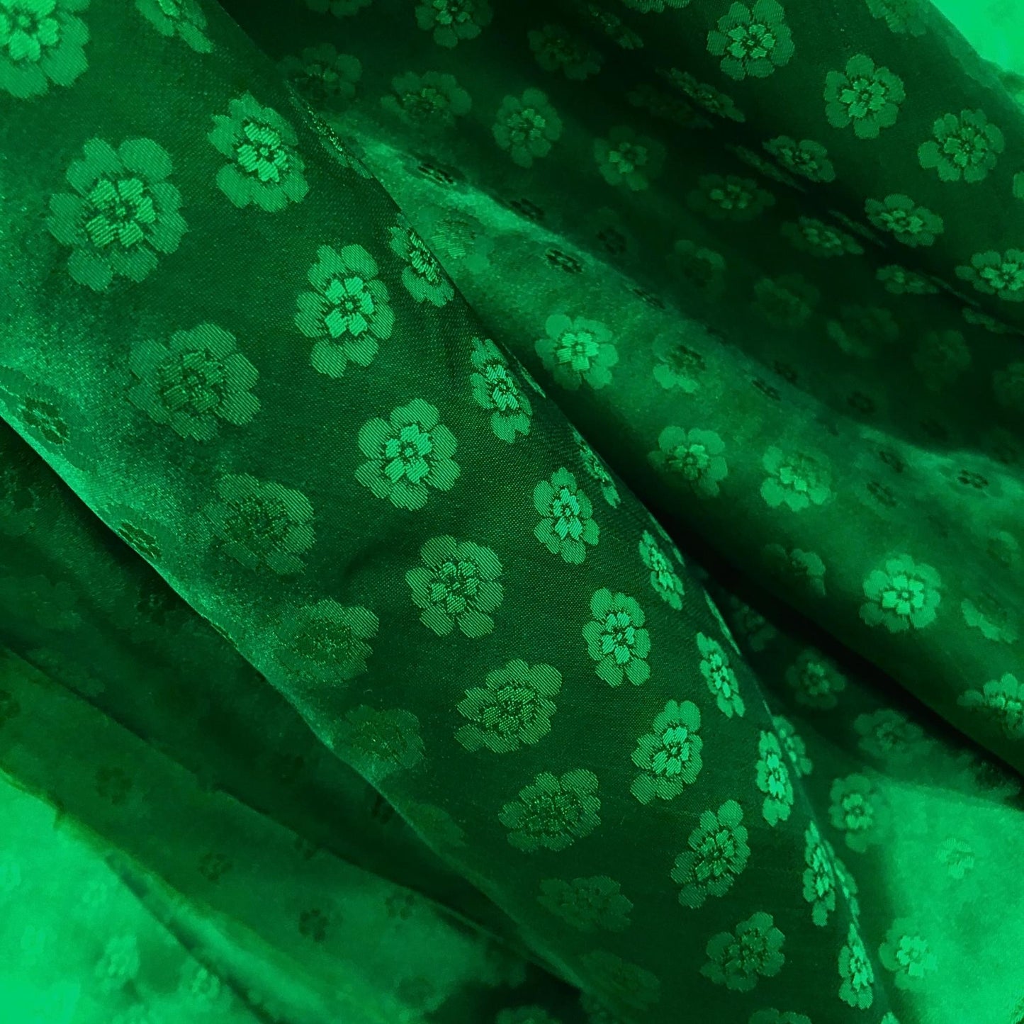 Green silk with peach pattern fabric, Pure mulberry silk, Handmade fabric, Organic fiber, Vintage textile