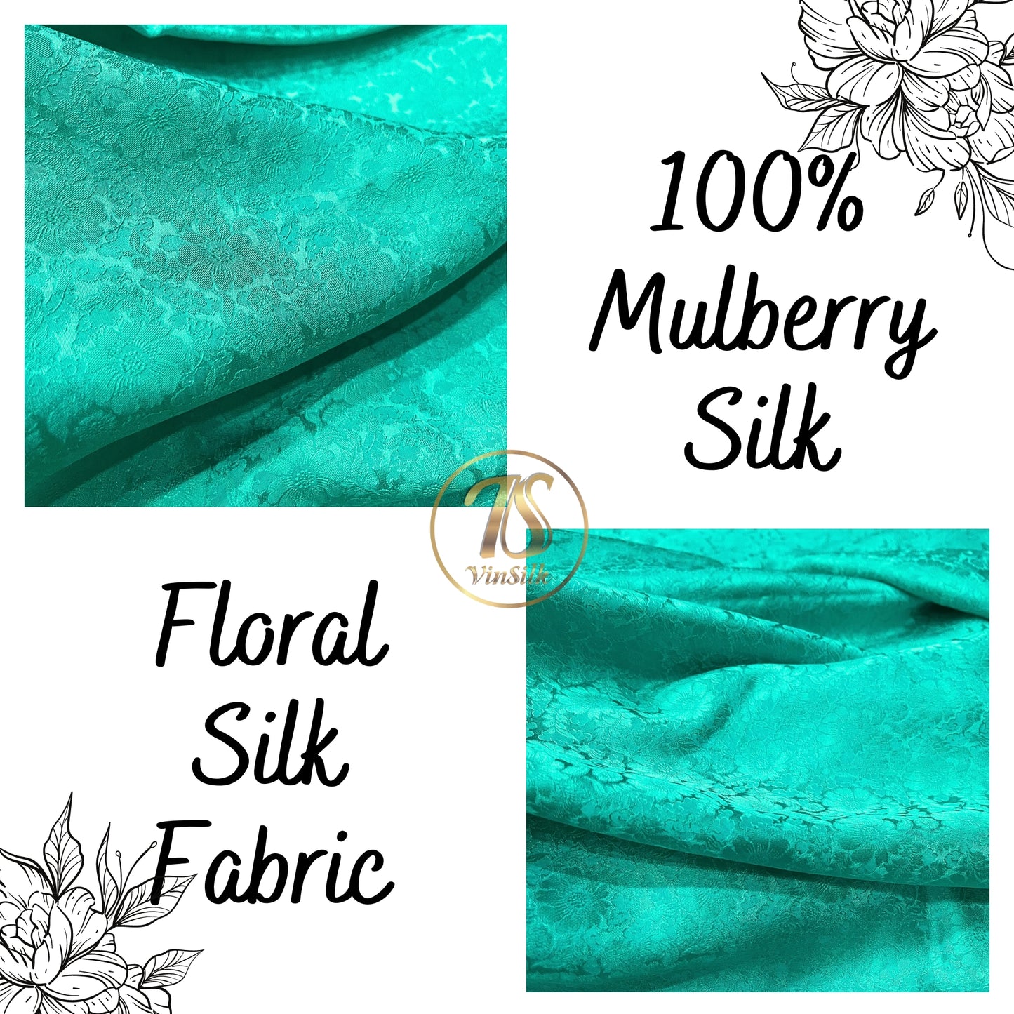 100% PURE MULBERRY SILK fabric by the yard โ Floral silk fabric - Light Blue Floral Silk Fabric - Chrysanthemum pattern โ Silk for sewing