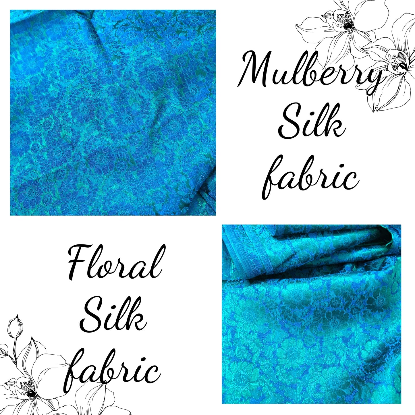Mulberry Silk Floral Fabric – Chrysanthemum Pattern – Silk for Sewing - Dress making - Blue silk fabric