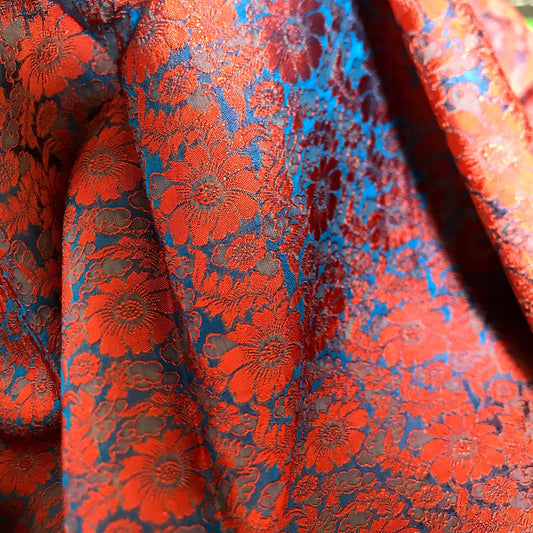 Mulberry Silk Floral Fabric – Chrysanthemum Pattern – Silk for Sewing - Dress making - Orange and blue silk fabric