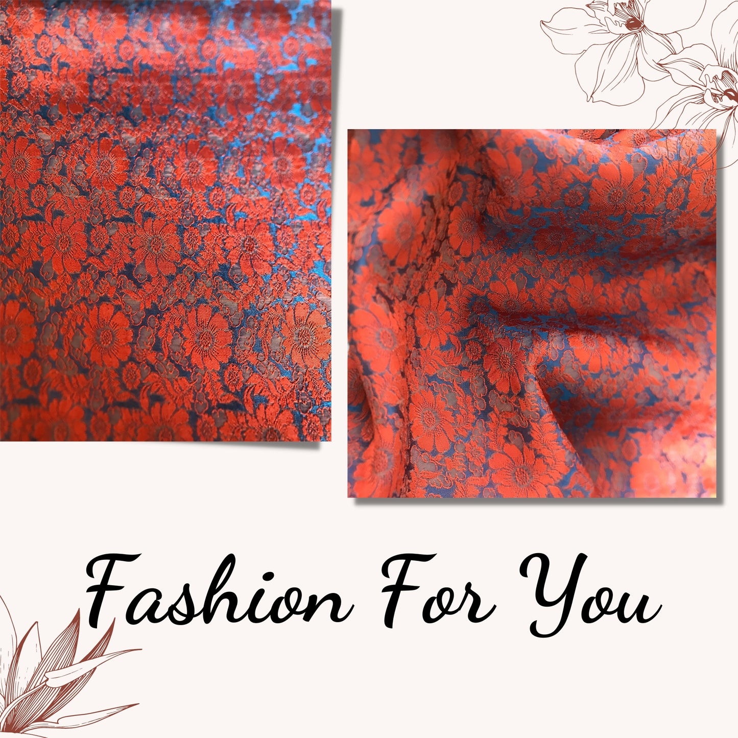 Mulberry Silk Floral Fabric – Chrysanthemum Pattern – Silk for Sewing - Dress making - Orange and blue silk fabric