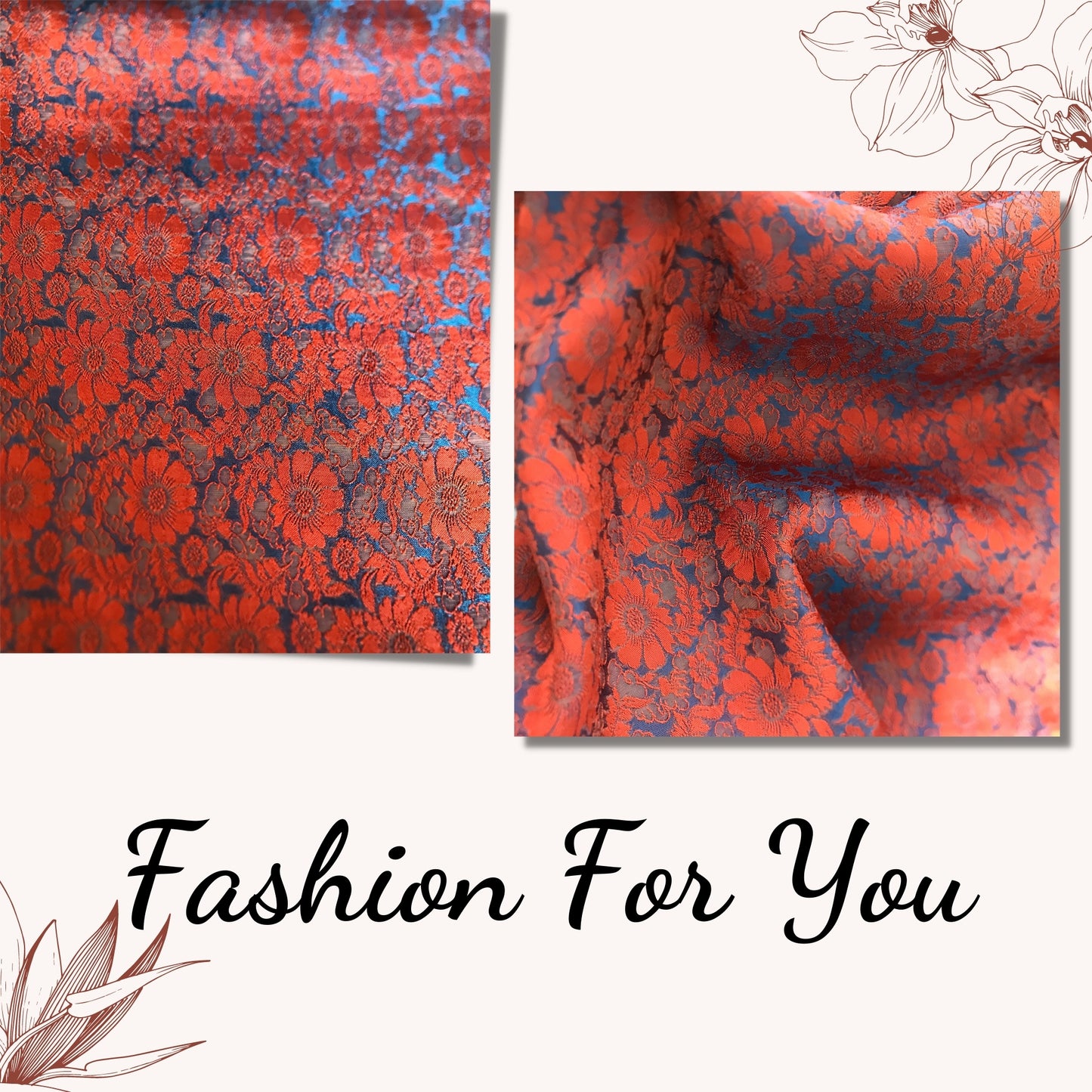 Mulberry Silk Floral Fabric β Chrysanthemum Pattern β Silk for Sewing - Dress making - Orange and blue silk fabric