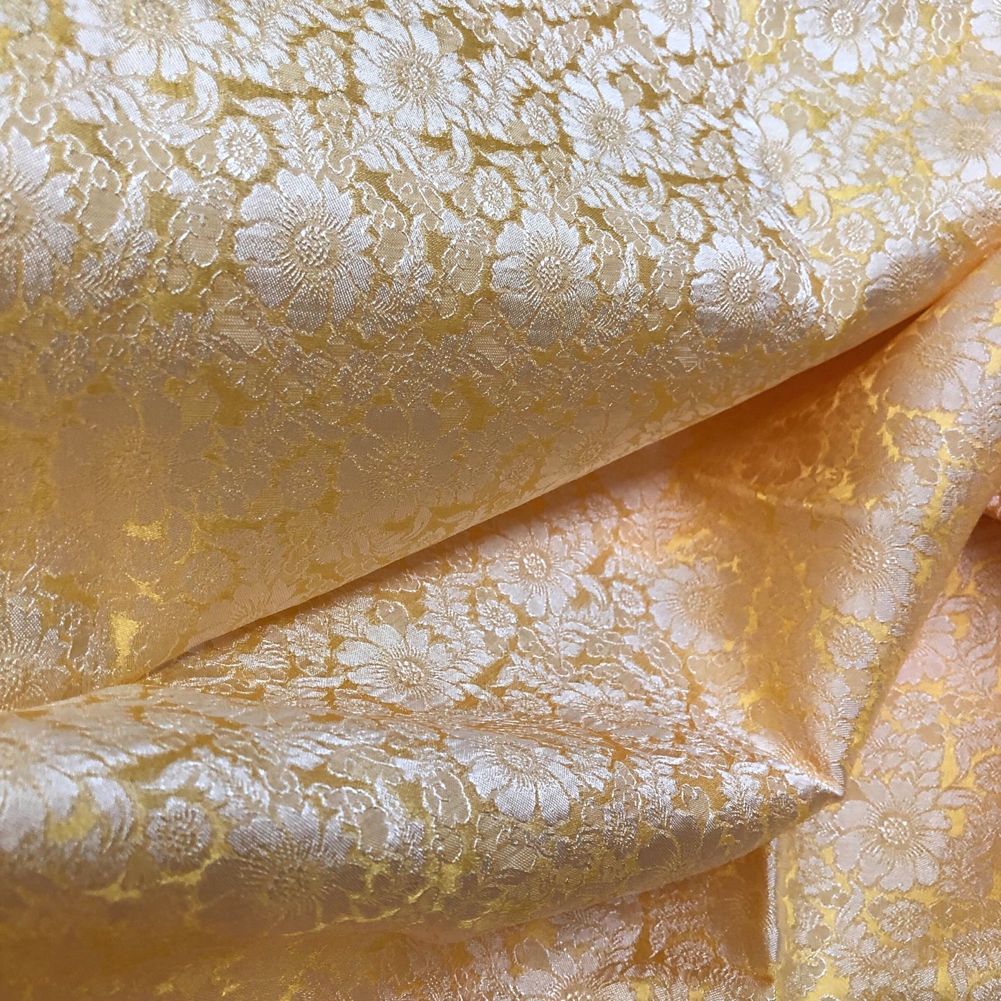 Mulberry Silk Floral Fabric – Chrysanthemum Pattern – Silk for Sewing - Dress making - Yellow silk with white floral pattern.