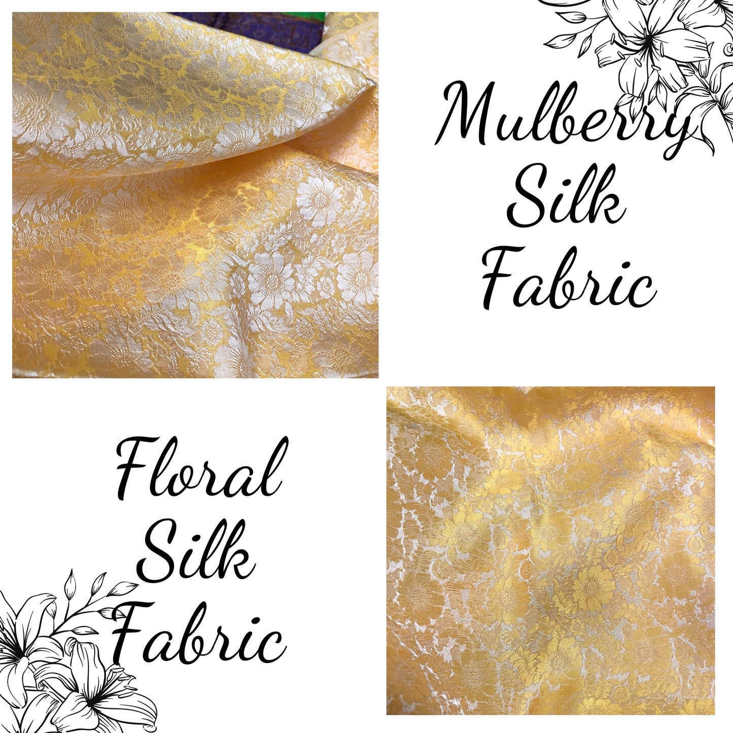 Mulberry Silk Floral Fabric – Chrysanthemum Pattern – Silk for Sewing - Dress making - Yellow silk with white floral pattern.