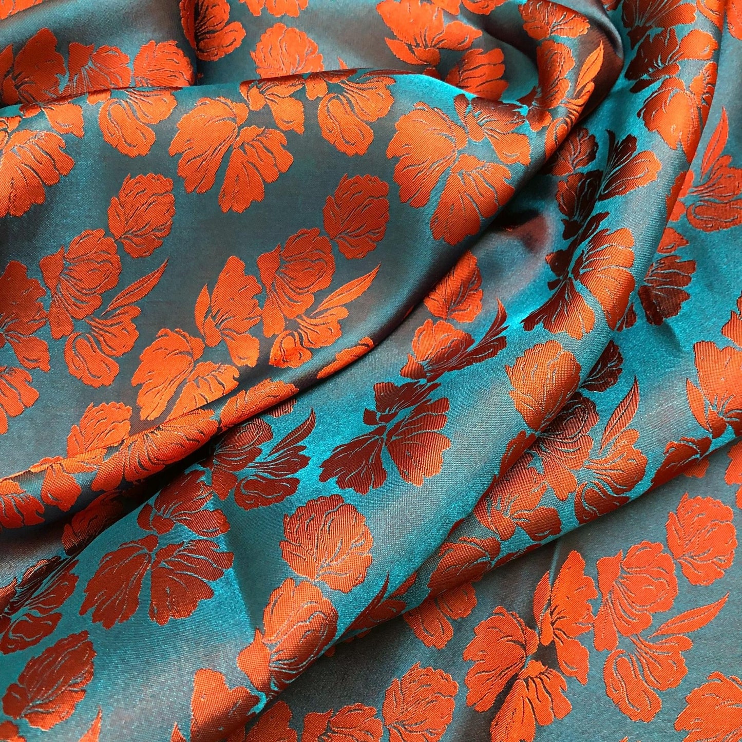 PURE MULBERRY SILK fabric by the yard - Blue silk with orange floral pattern fabric - Handmade fabric – Dress making – Silk for sewing - Gift for women