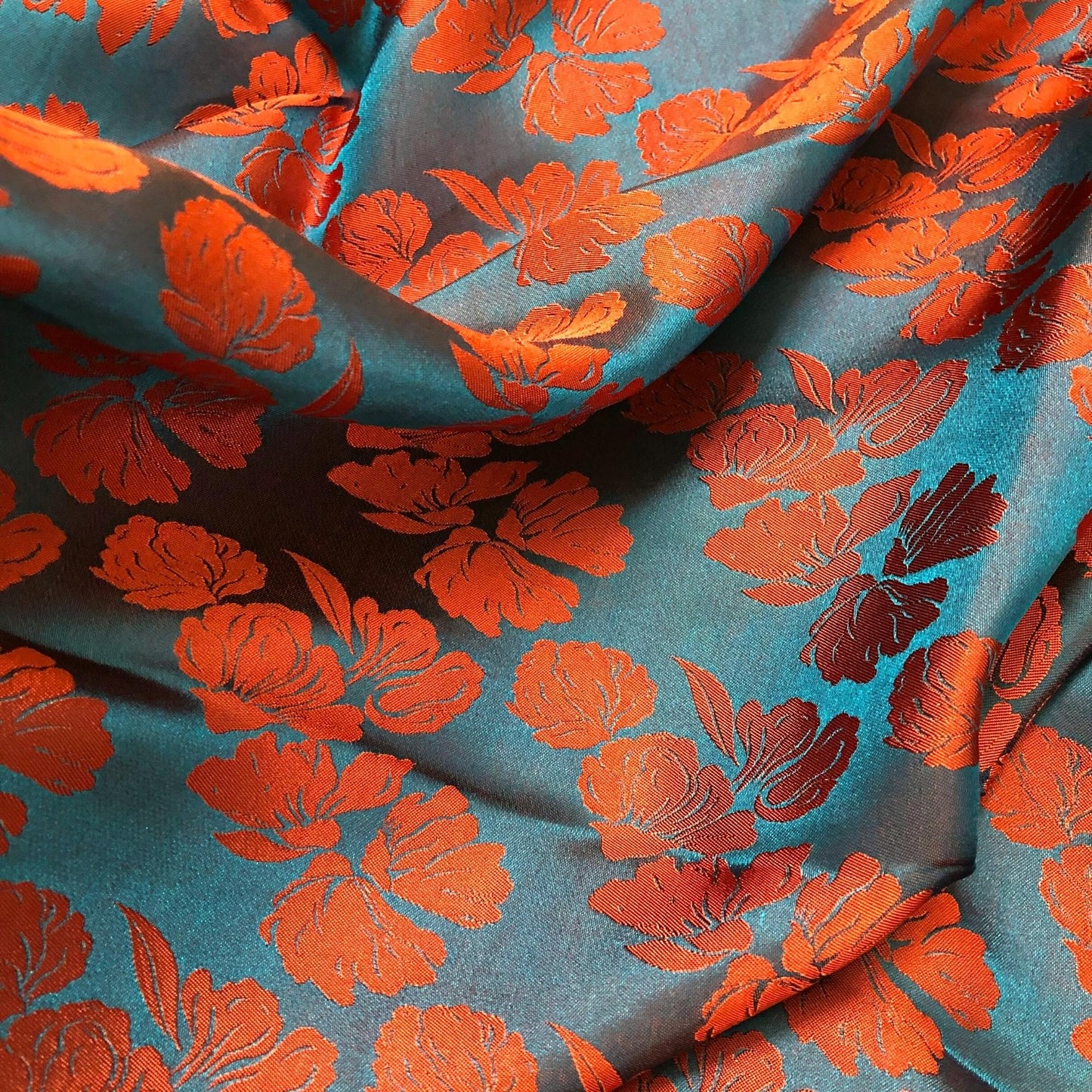 PURE MULBERRY SILK fabric by the yard - Blue silk with orange floral pattern fabric - Handmade fabric – Dress making – Silk for sewing - Gift for women