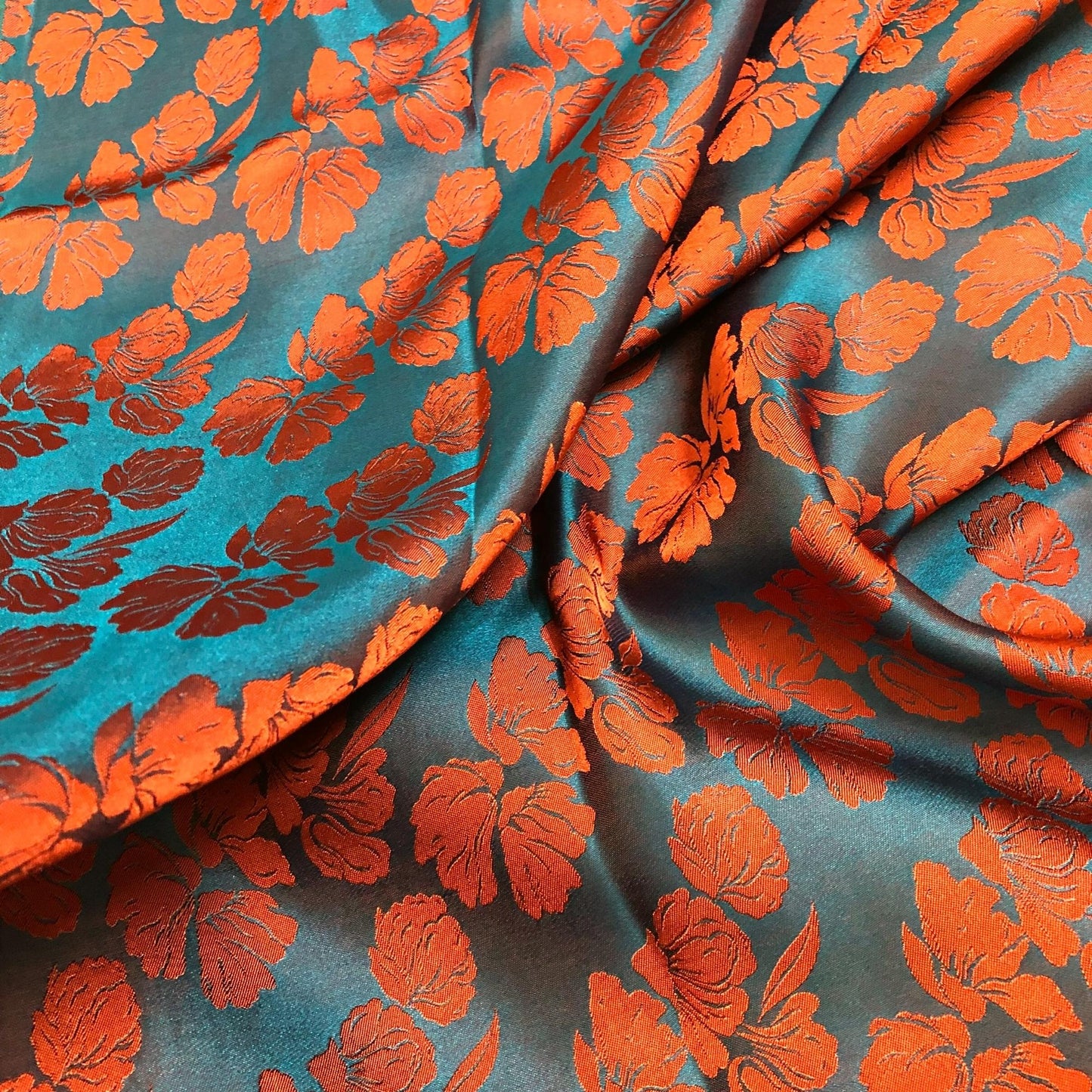 PURE MULBERRY SILK fabric by the yard - Blue silk with orange floral pattern fabric - Handmade fabric – Dress making – Silk for sewing - Gift for women