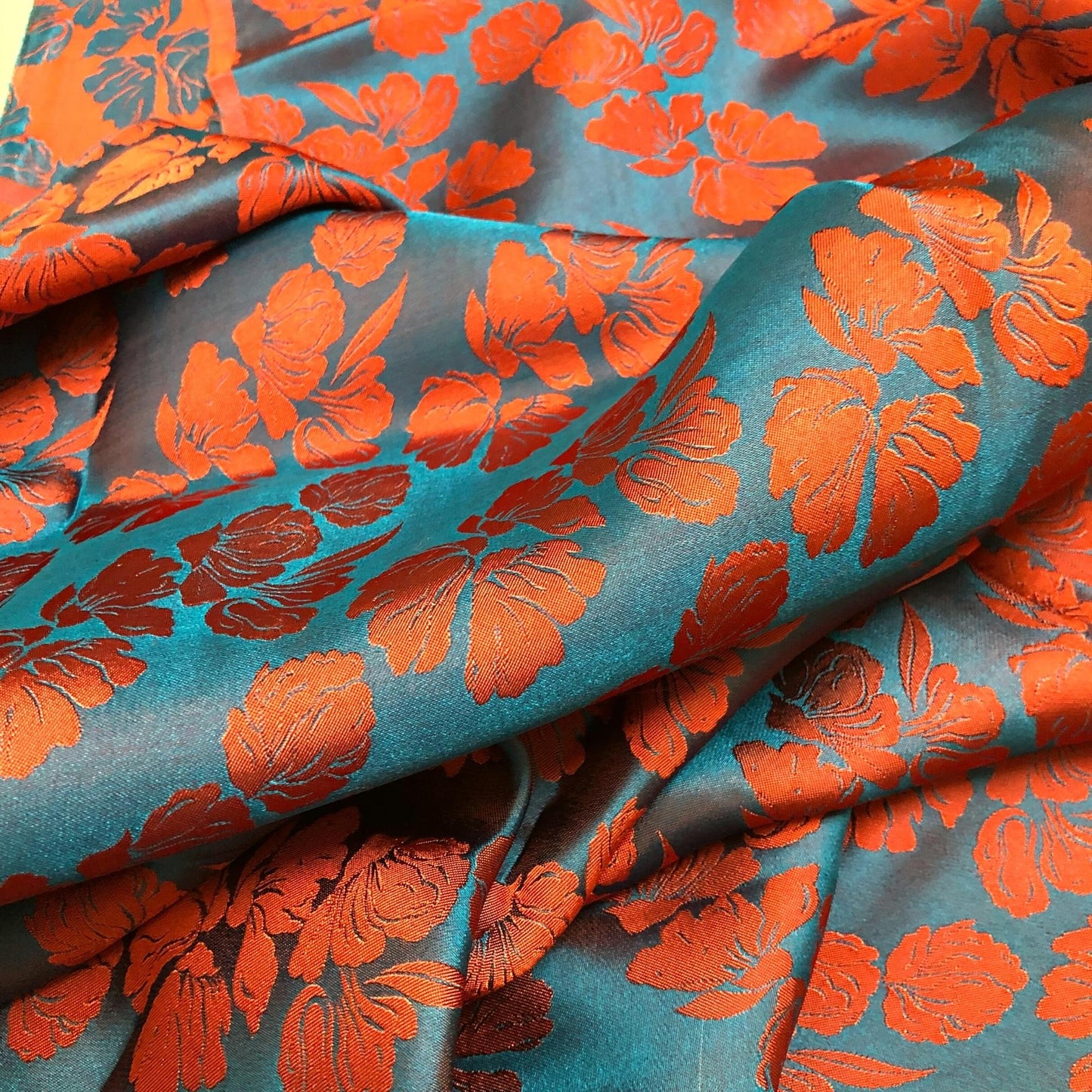 PURE MULBERRY SILK fabric by the yard - Blue silk with orange floral pattern fabric - Handmade fabric – Dress making – Silk for sewing - Gift for women
