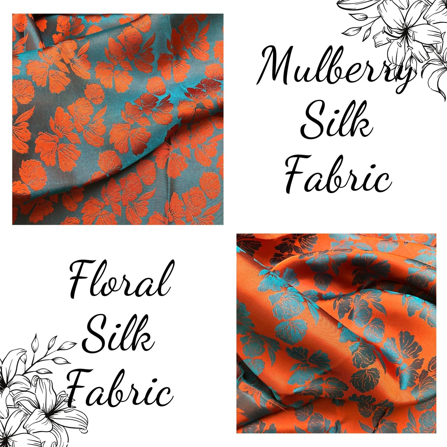 PURE MULBERRY SILK fabric by the yard - Blue silk with orange floral pattern fabric - Handmade fabric – Dress making – Silk for sewing - Gift for women
