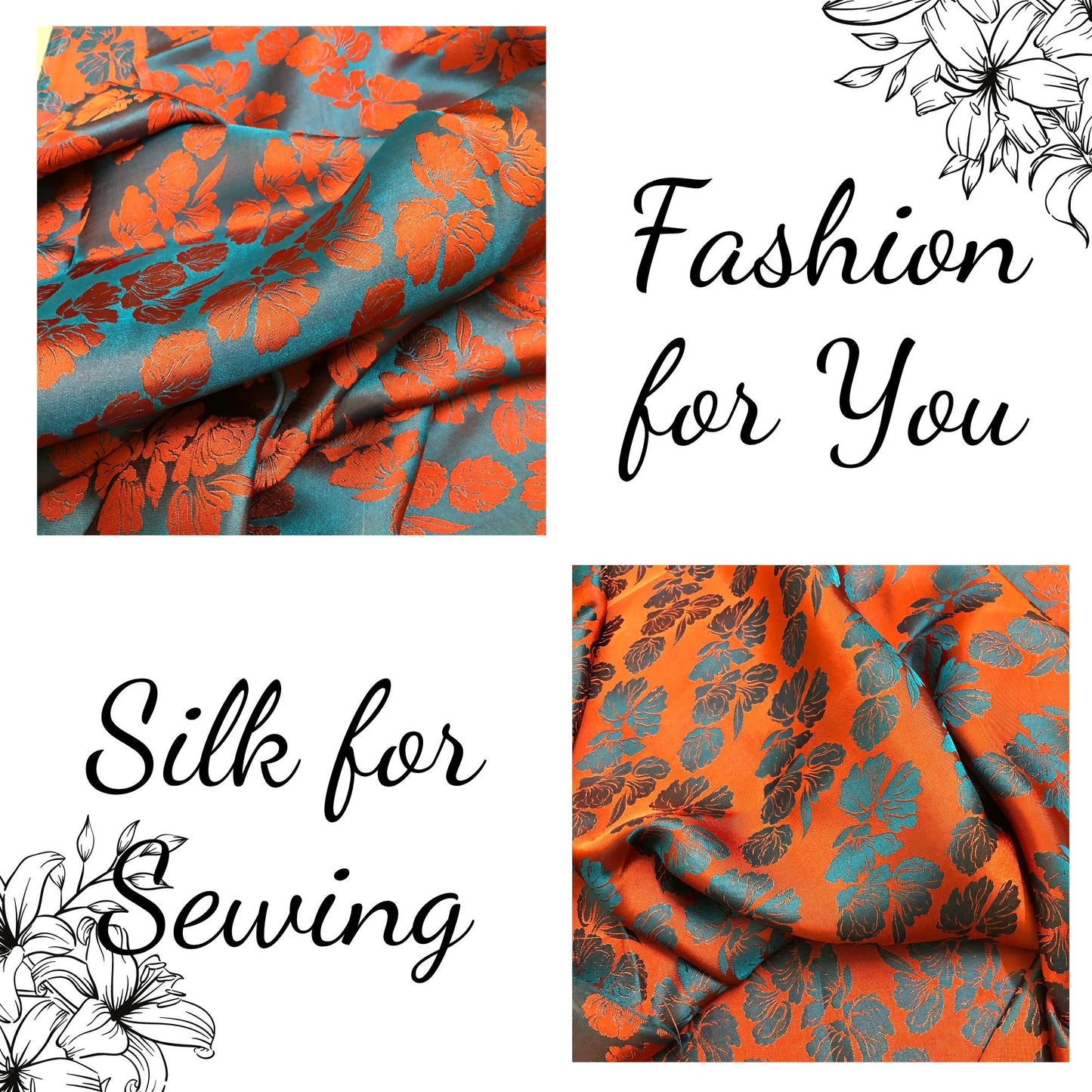PURE MULBERRY SILK fabric by the yard - Blue silk with orange floral pattern fabric - Handmade fabric – Dress making – Silk for sewing - Gift for women