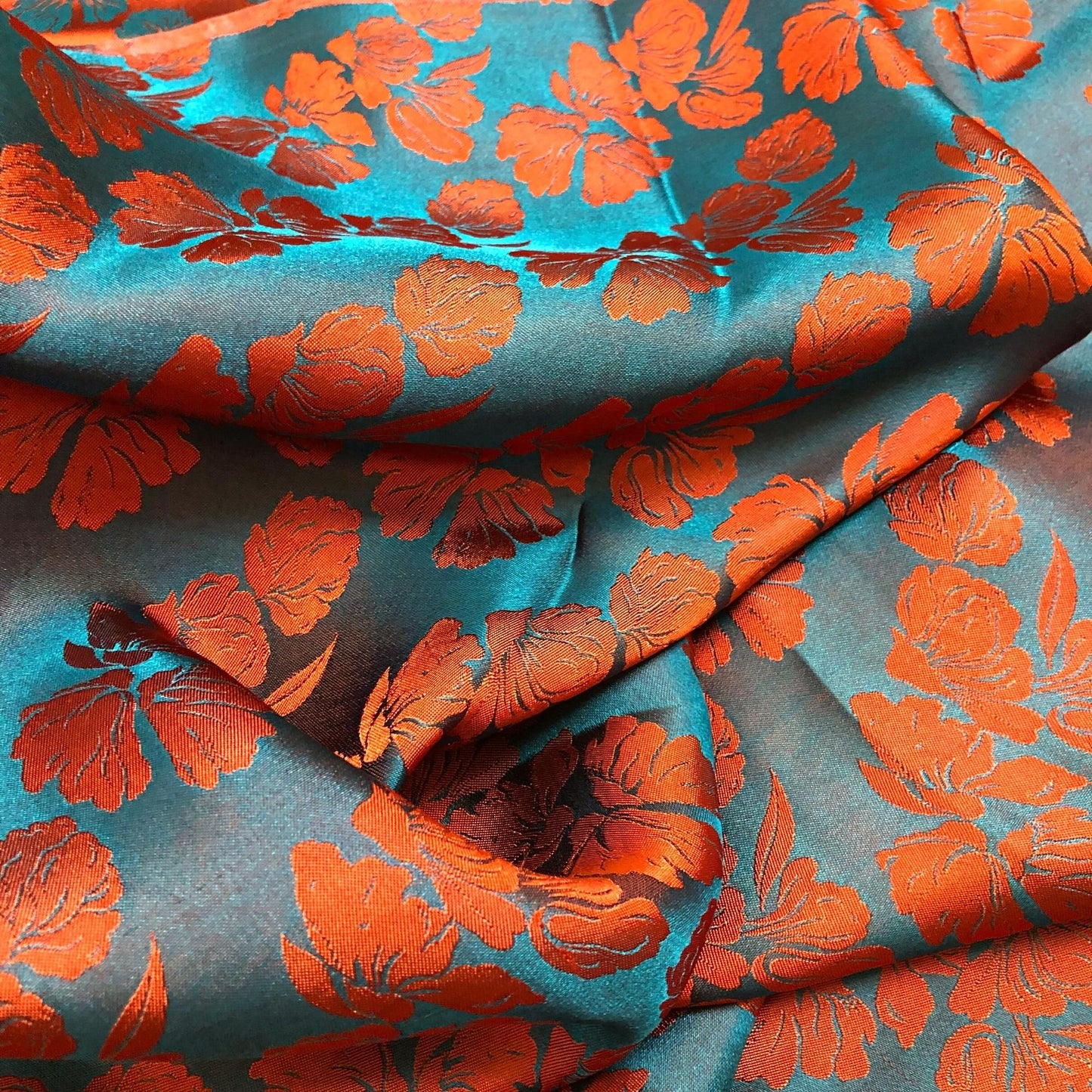 PURE MULBERRY SILK fabric by the yard - Blue silk with orange floral pattern fabric - Handmade fabric – Dress making – Silk for sewing - Gift for women