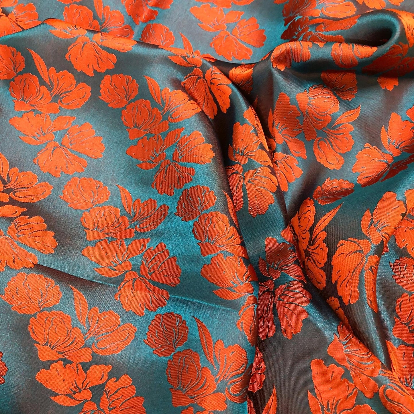 PURE MULBERRY SILK fabric by the yard - Blue silk with orange floral pattern fabric - Handmade fabric – Dress making – Silk for sewing - Gift for women